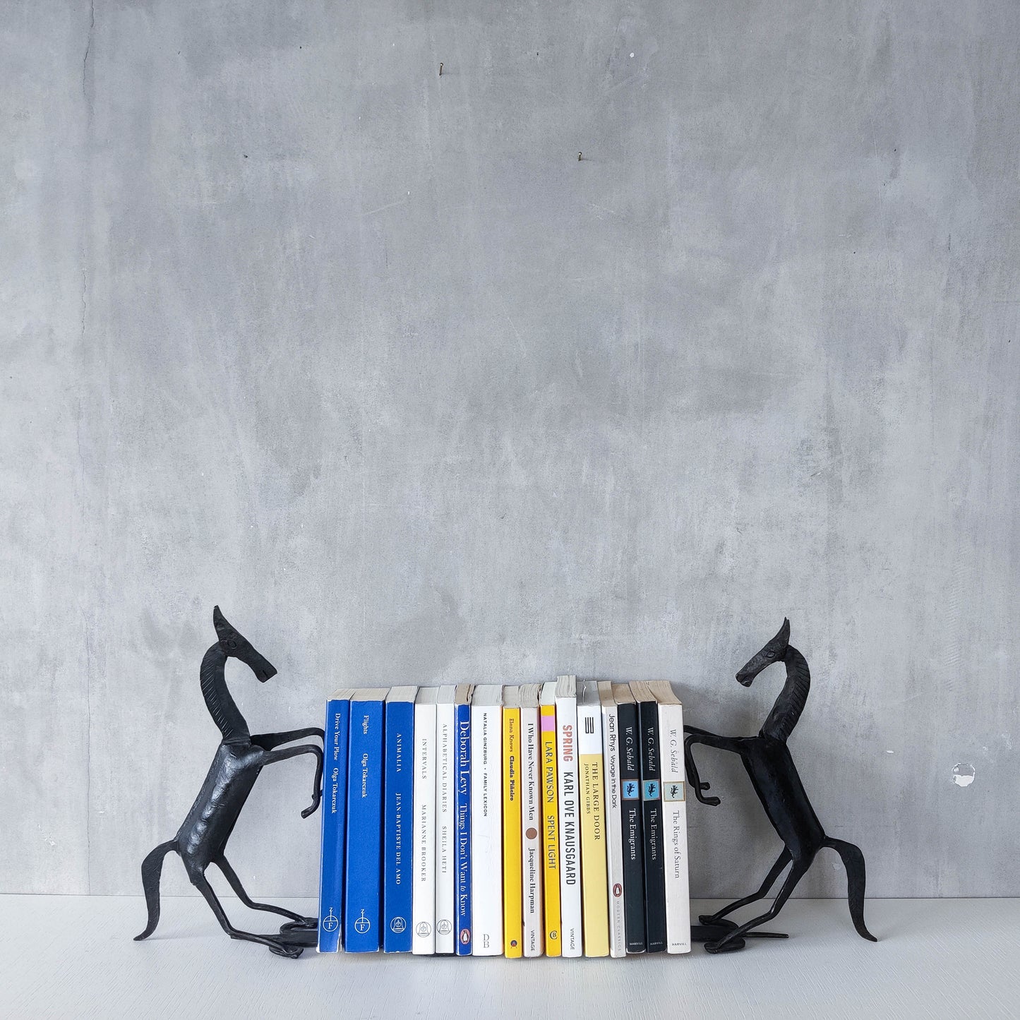 Vintage brutalist pair of hand forged patinated steel horses bookends sculptures