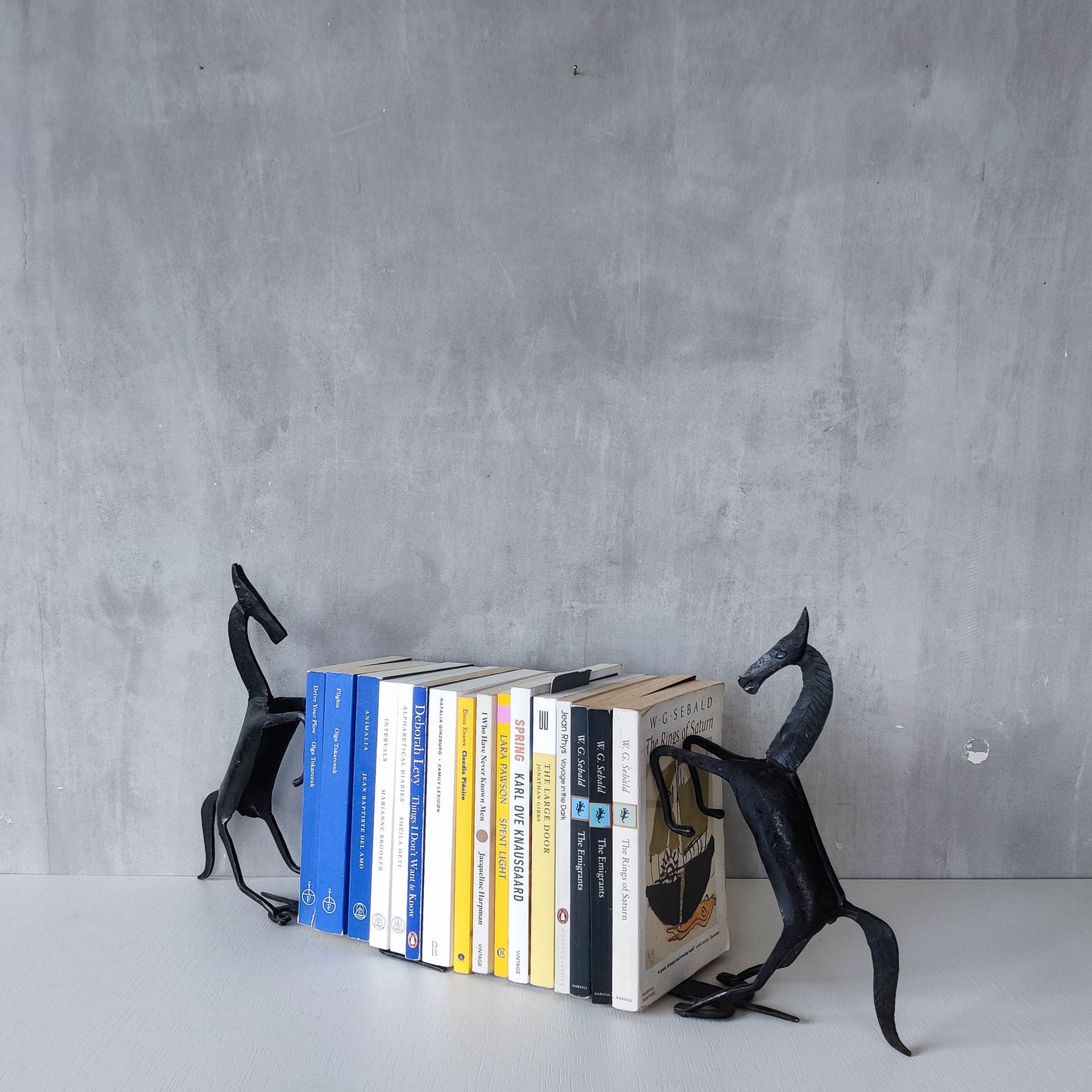 Vintage brutalist pair of hand forged patinated steel horses bookends sculptures