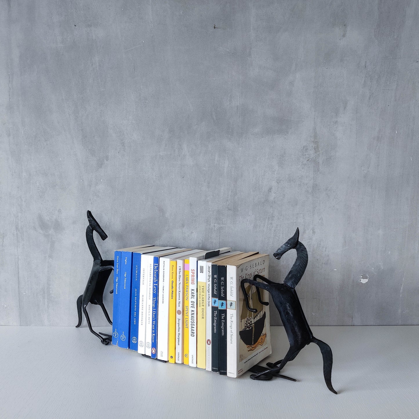 Vintage brutalist pair of hand forged patinated steel horses bookends sculptures