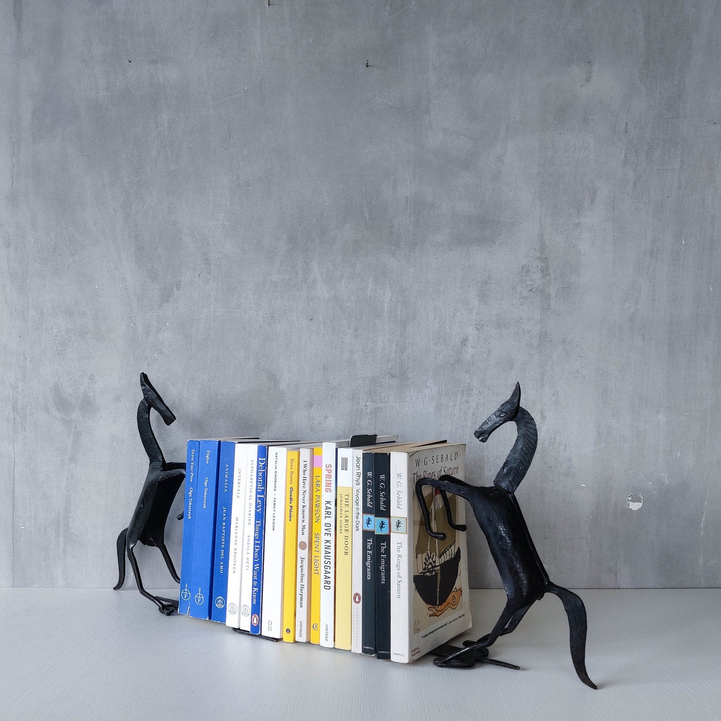 Vintage brutalist pair of hand forged patinated steel horses bookends sculptures