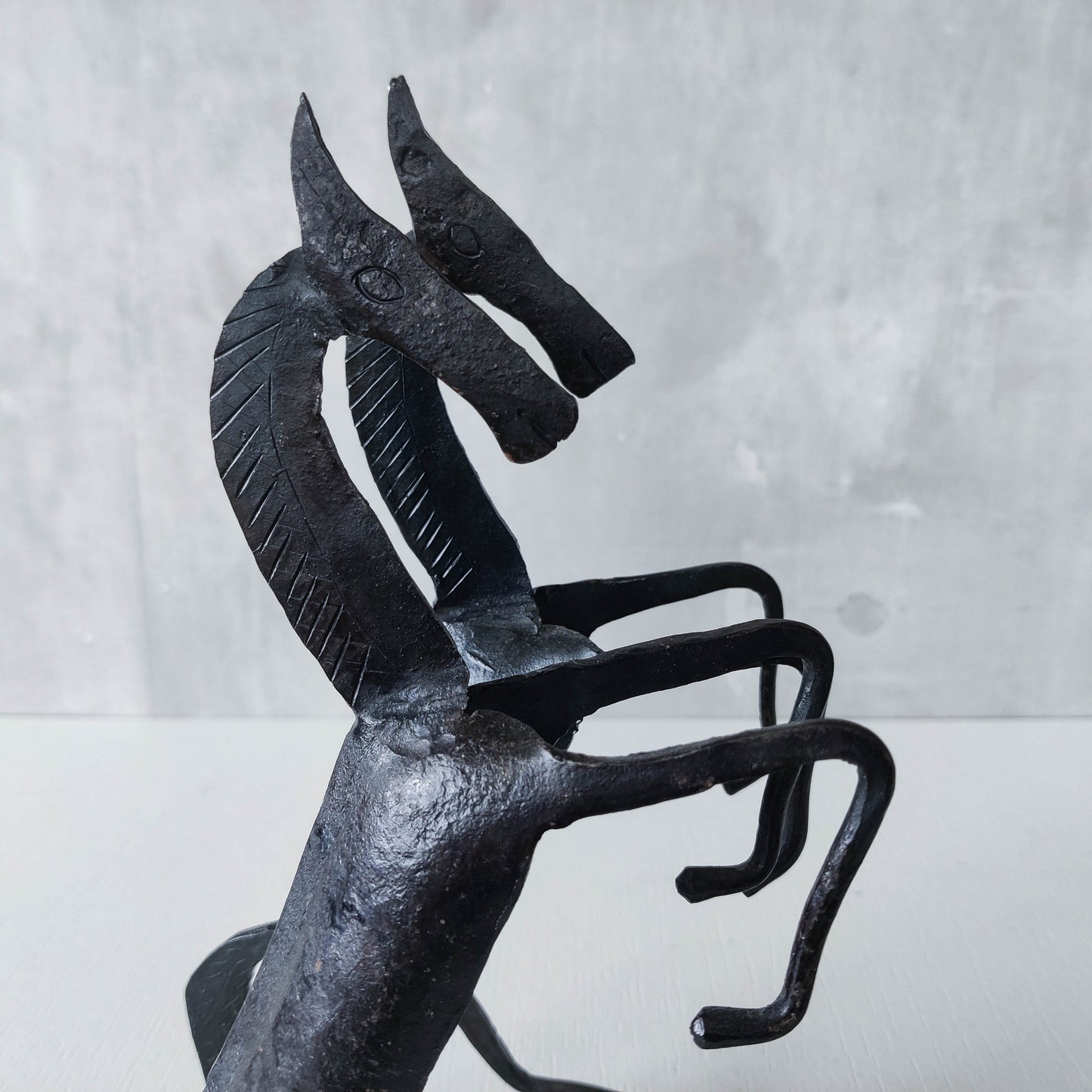 Vintage brutalist pair of hand forged patinated steel horses bookends sculptures