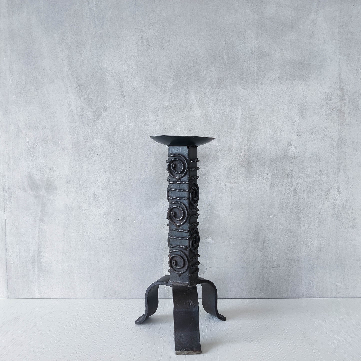 Vintage brutalist welded steel sculptural totem pricket candle holder with spiral motifs