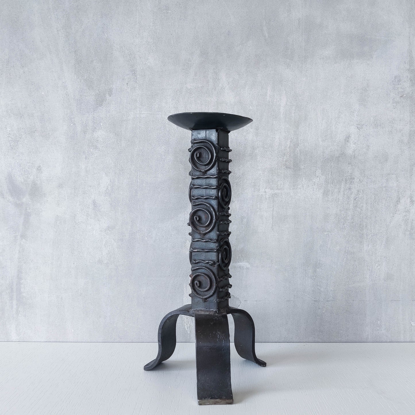 Vintage brutalist welded steel sculptural totem pricket candle holder with spiral motifs