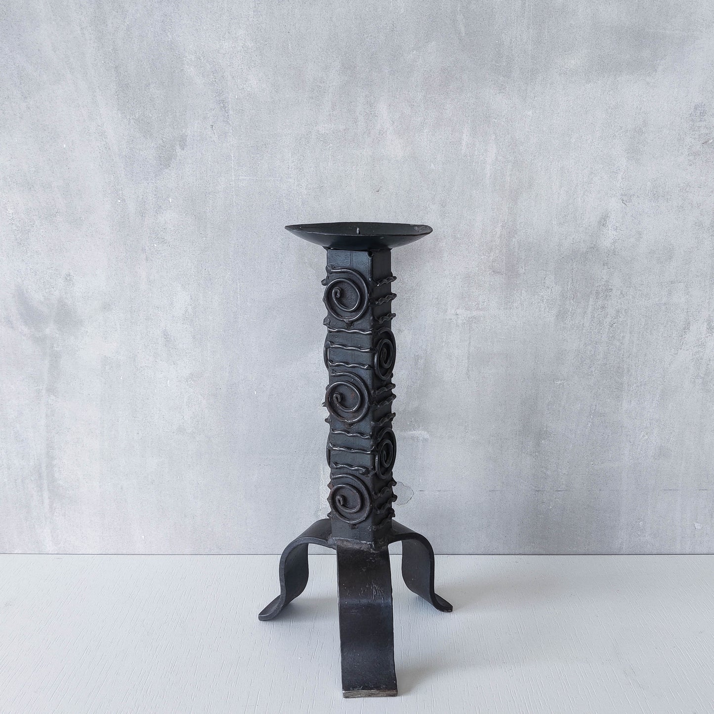 Vintage brutalist welded steel sculptural totem pricket candle holder with spiral motifs