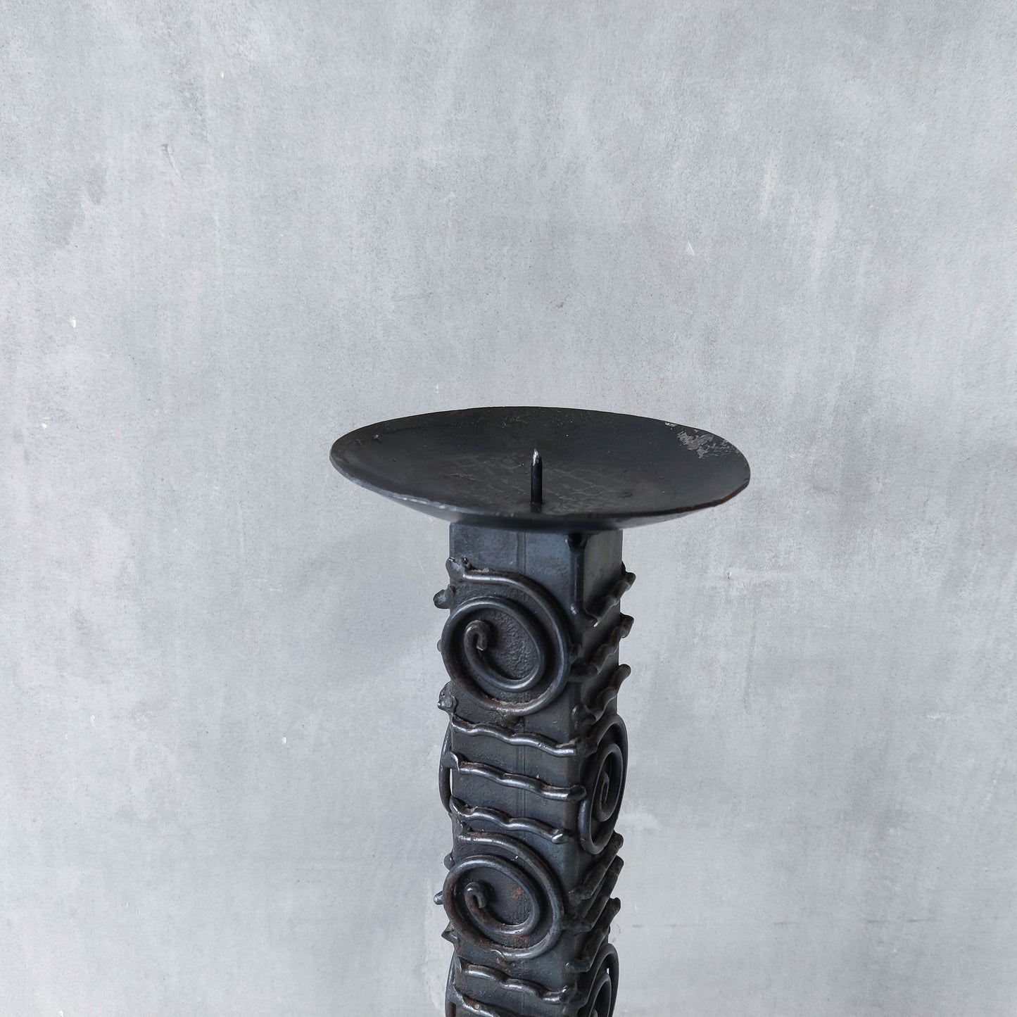 Vintage brutalist welded steel sculptural totem pricket candle holder with spiral motifs