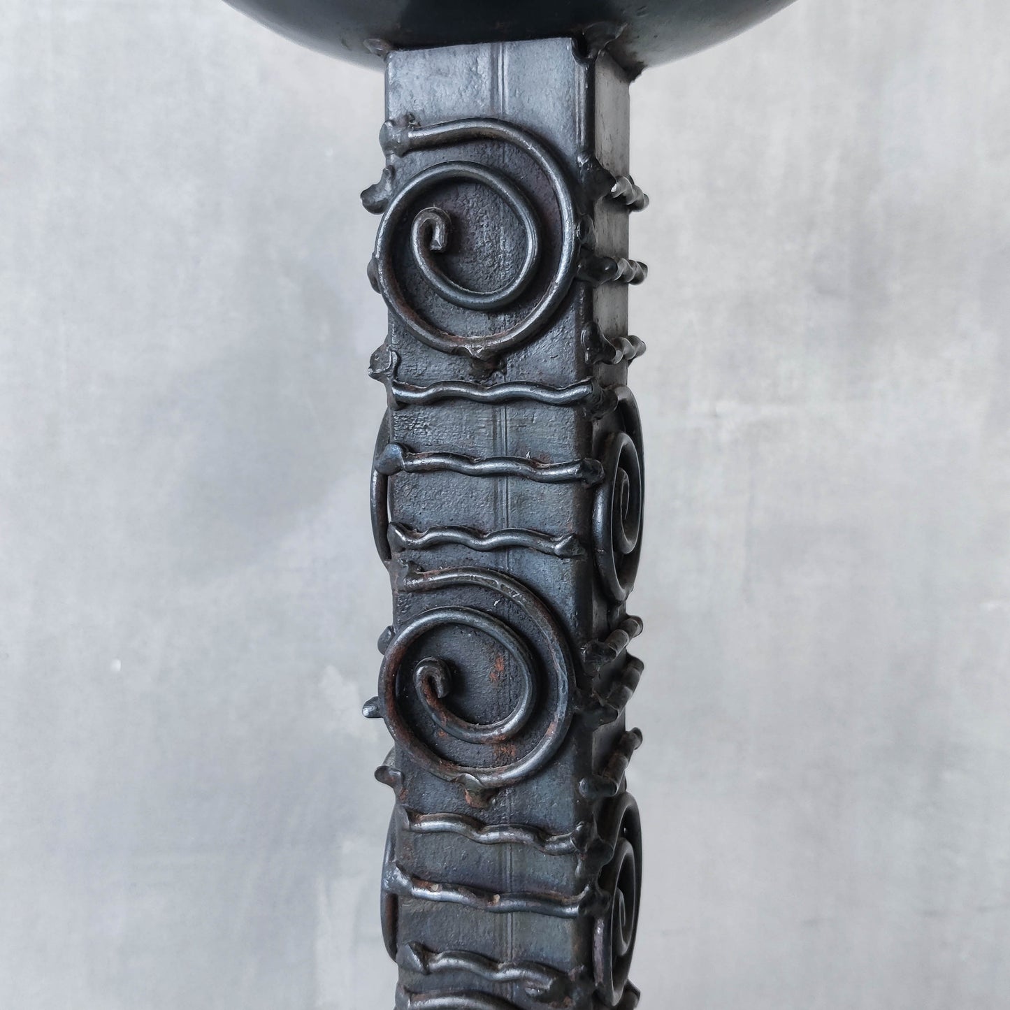 Vintage brutalist welded steel sculptural totem pricket candle holder with spiral motifs