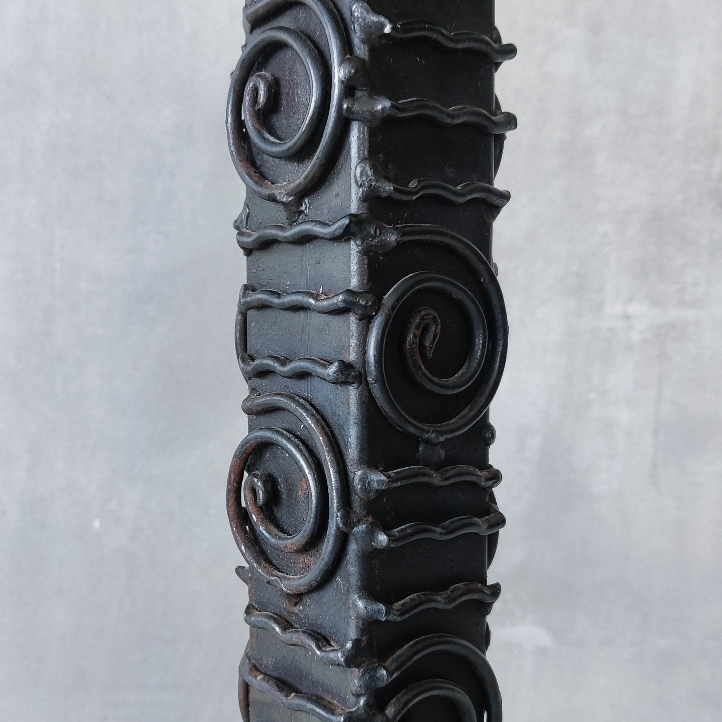 Vintage brutalist welded steel sculptural totem pricket candle holder with spiral motifs