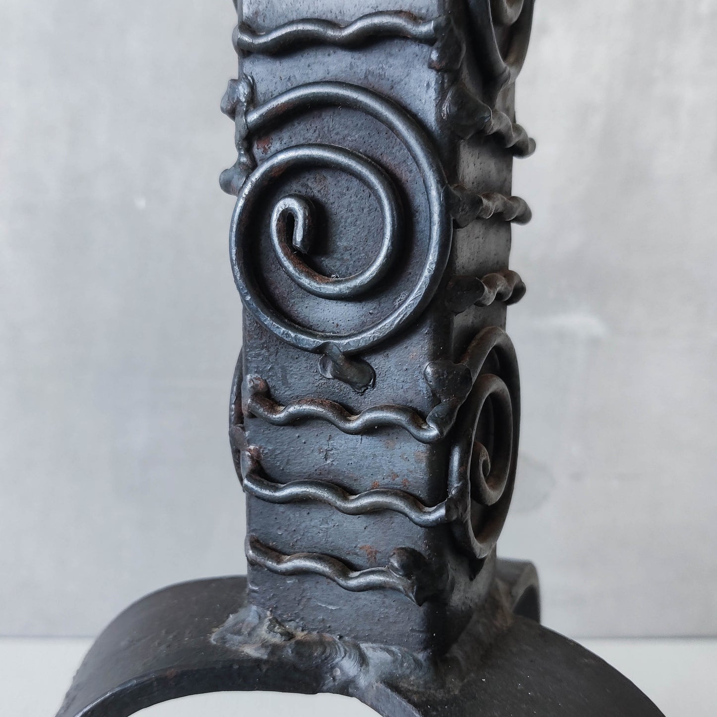 Vintage brutalist welded steel sculptural totem pricket candle holder with spiral motifs