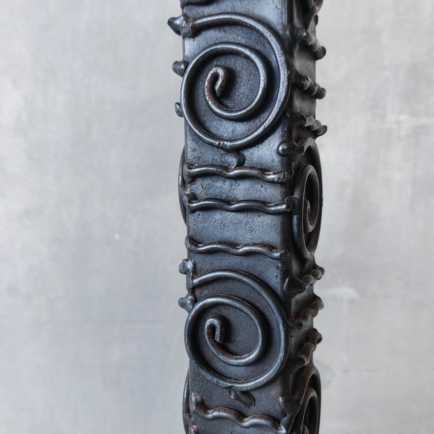 Vintage brutalist welded steel sculptural totem pricket candle holder with spiral motifs