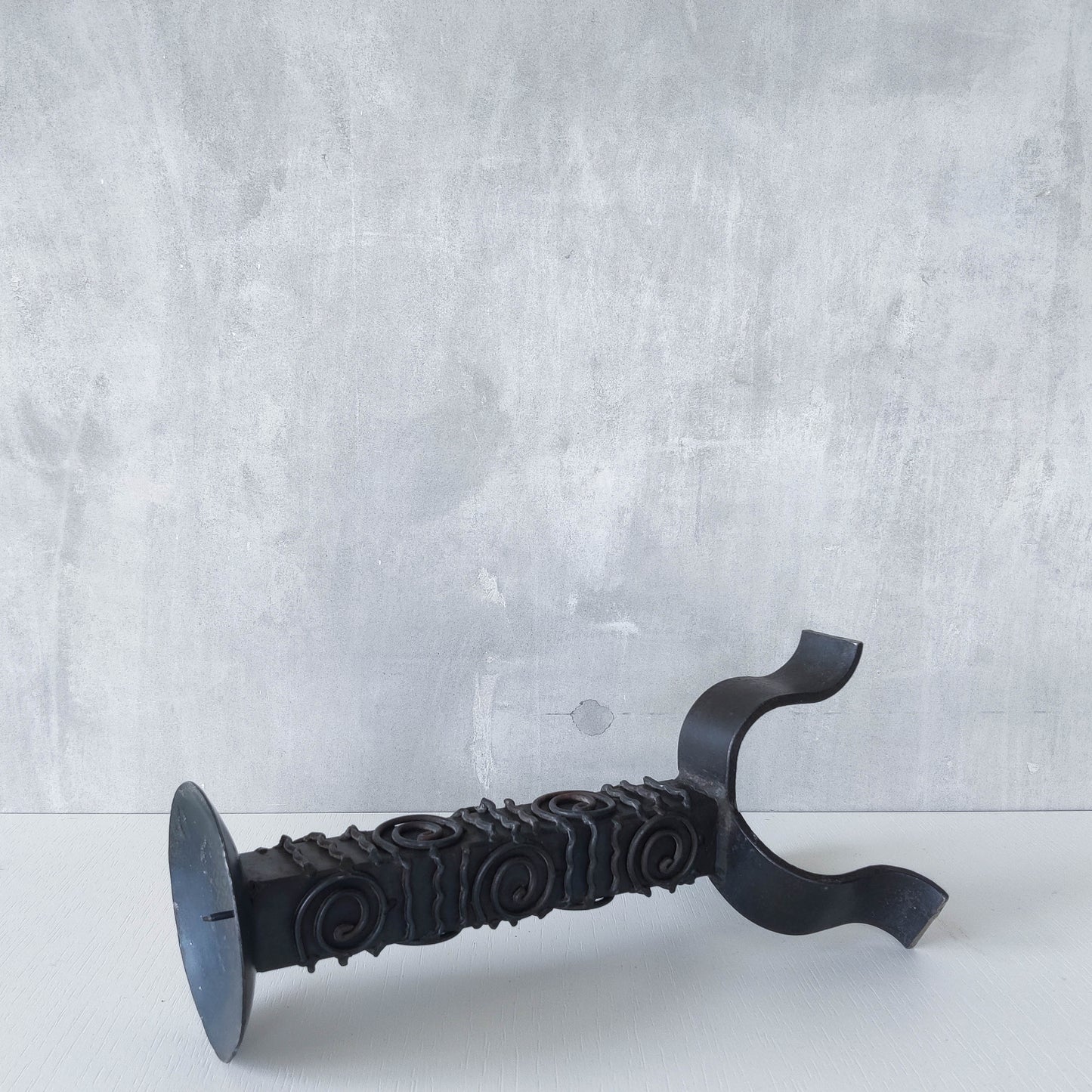 Vintage brutalist welded steel sculptural totem pricket candle holder with spiral motifs
