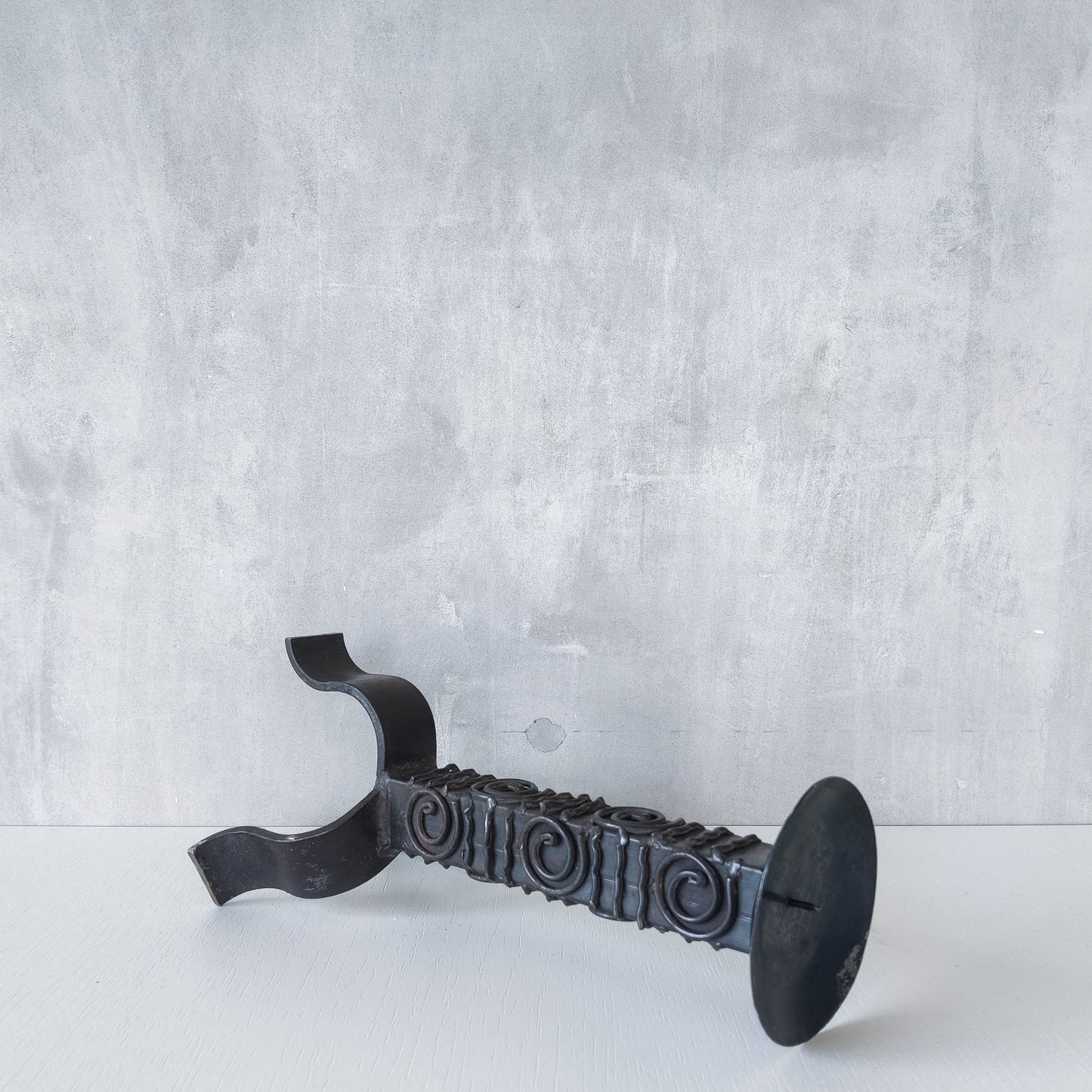Vintage brutalist welded steel sculptural totem pricket candle holder with spiral motifs