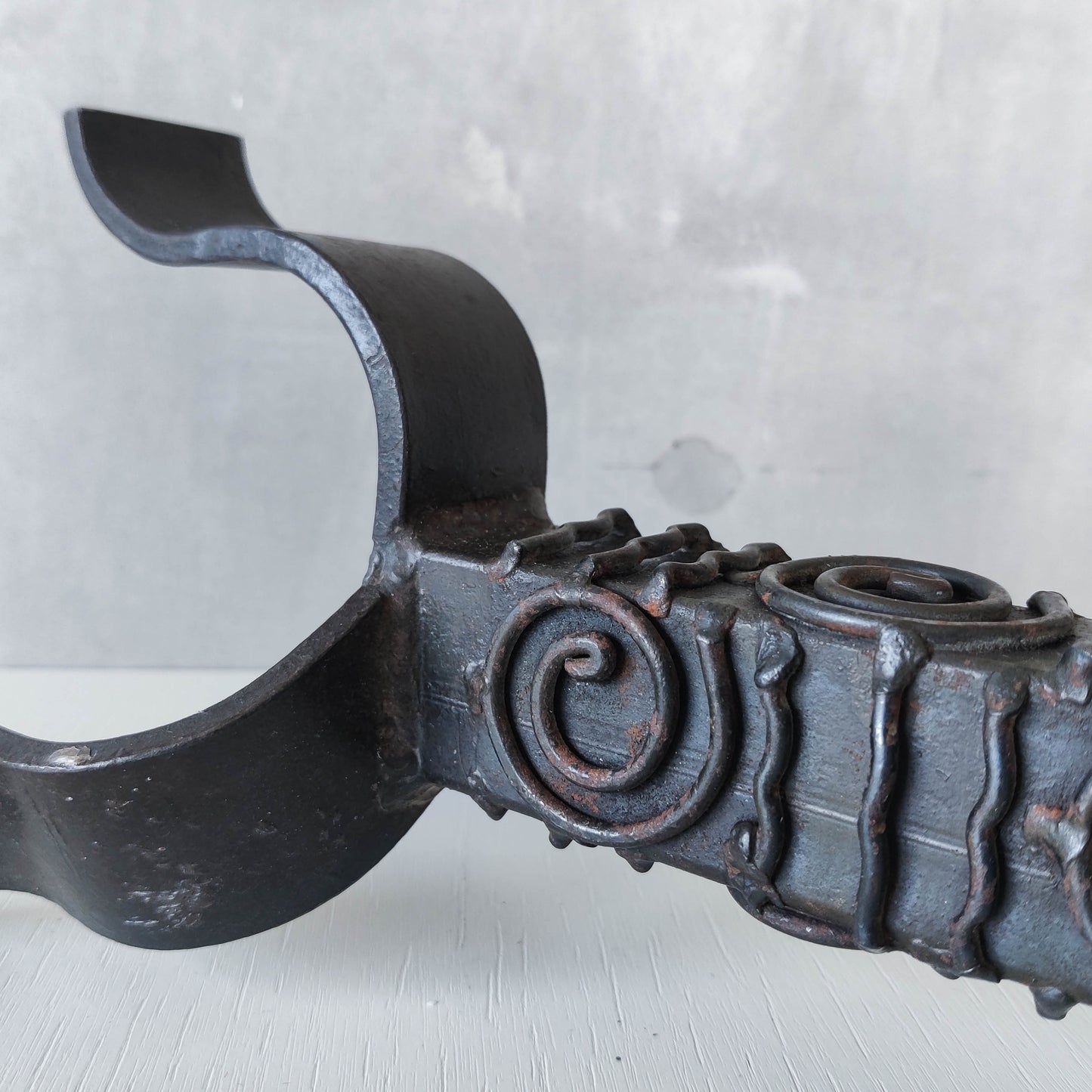 Vintage brutalist welded steel sculptural totem pricket candle holder with spiral motifs