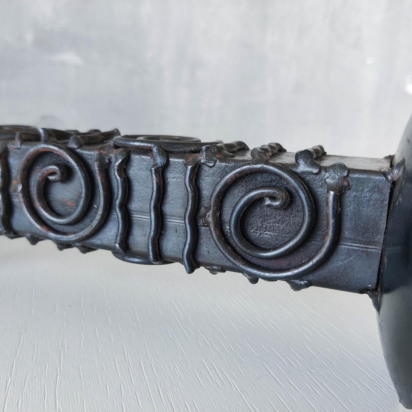 Vintage brutalist welded steel sculptural totem pricket candle holder with spiral motifs