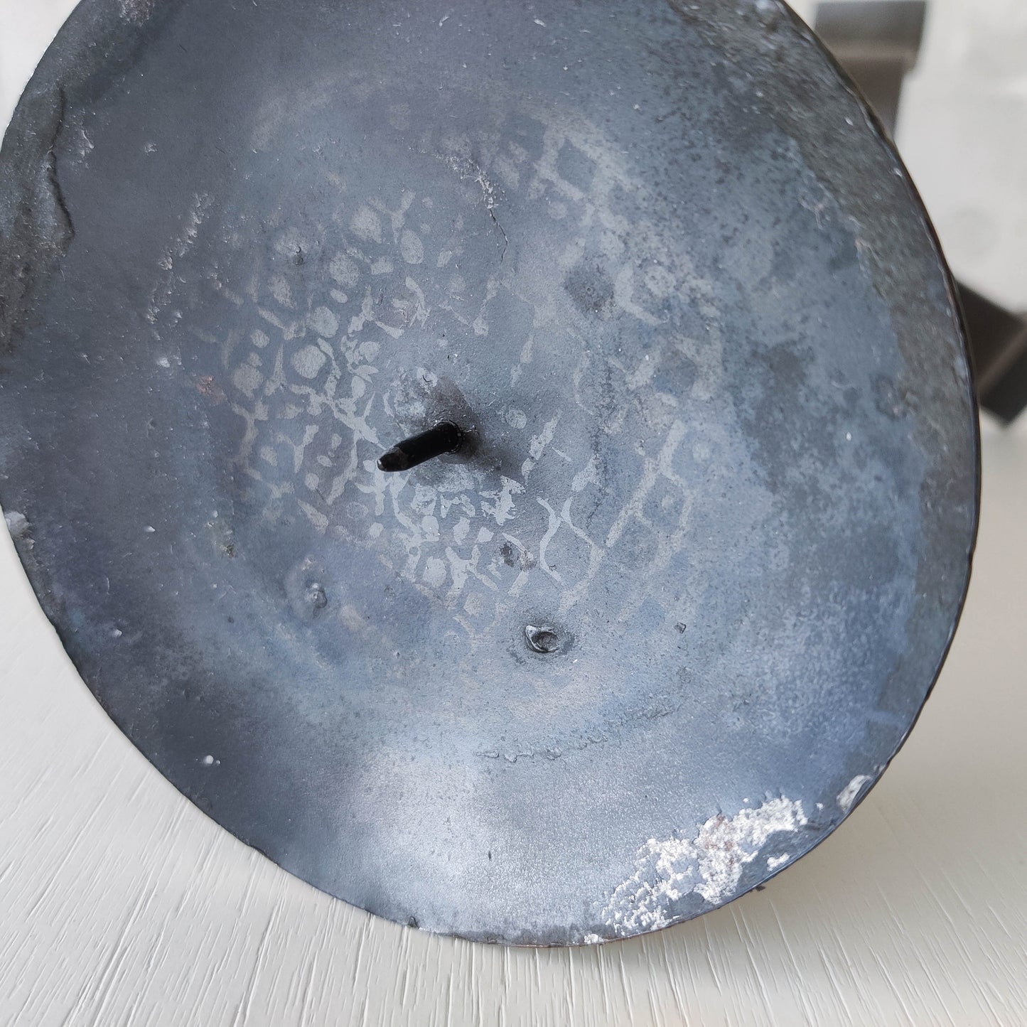 Vintage brutalist welded steel sculptural totem pricket candle holder with spiral motifs