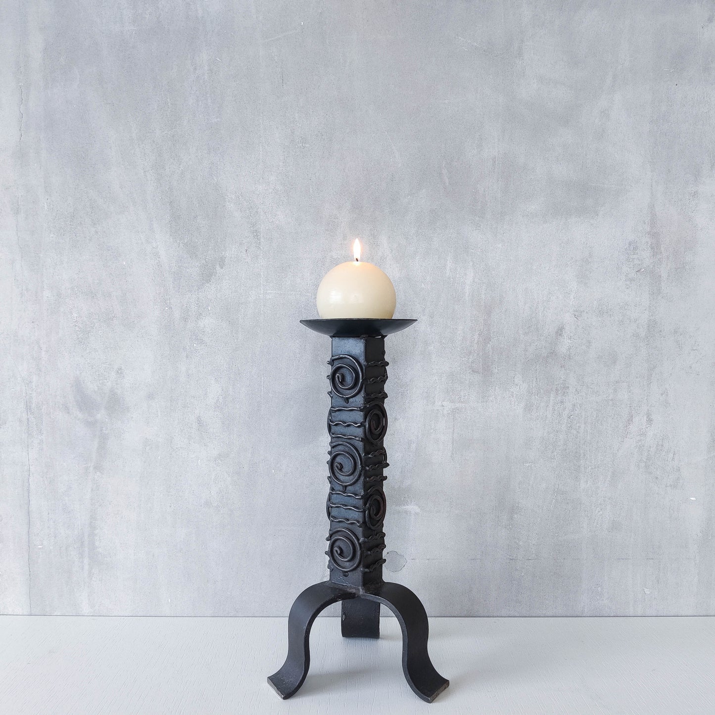 Vintage brutalist welded steel sculptural totem pricket candle holder with spiral motifs