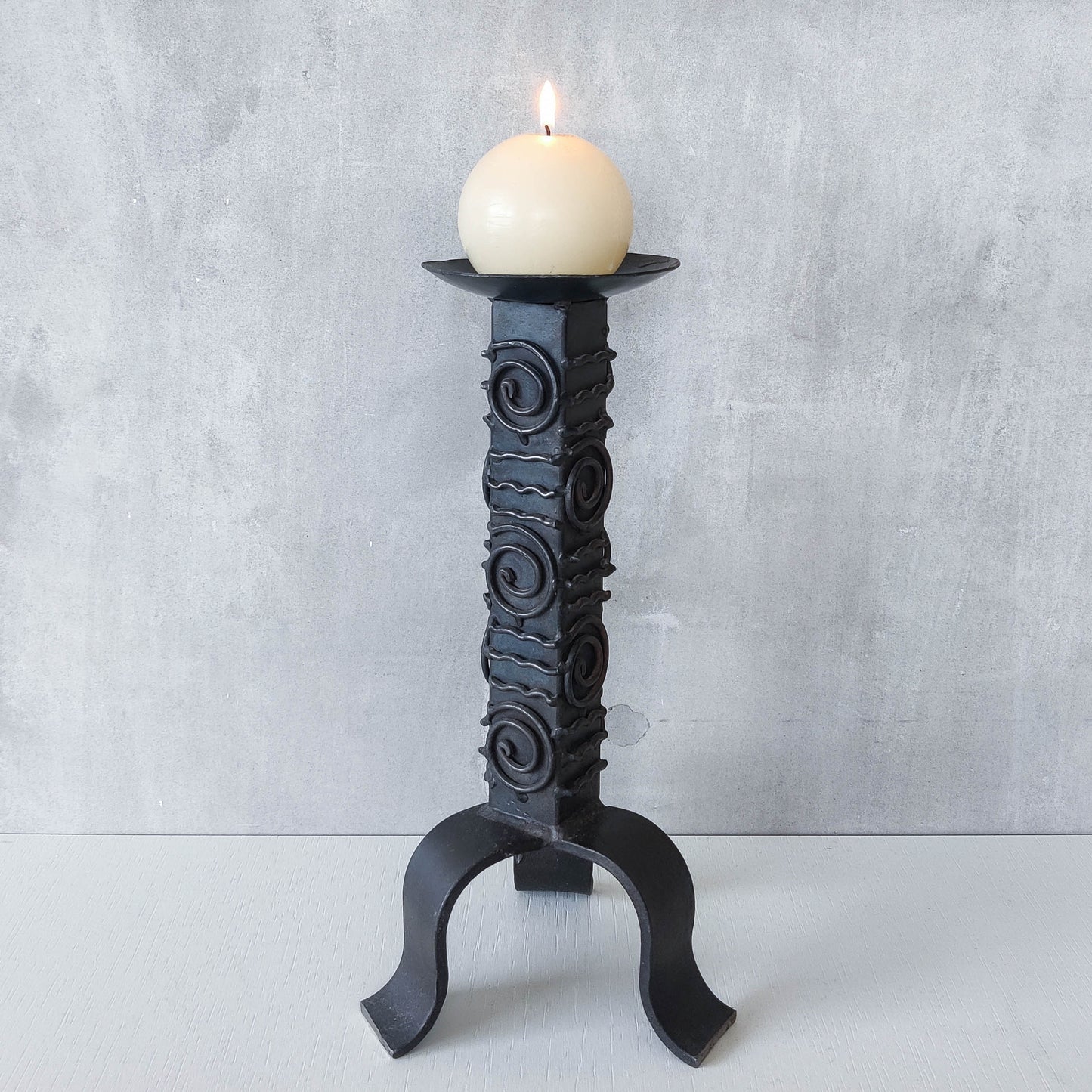Vintage brutalist welded steel sculptural totem pricket candle holder with spiral motifs