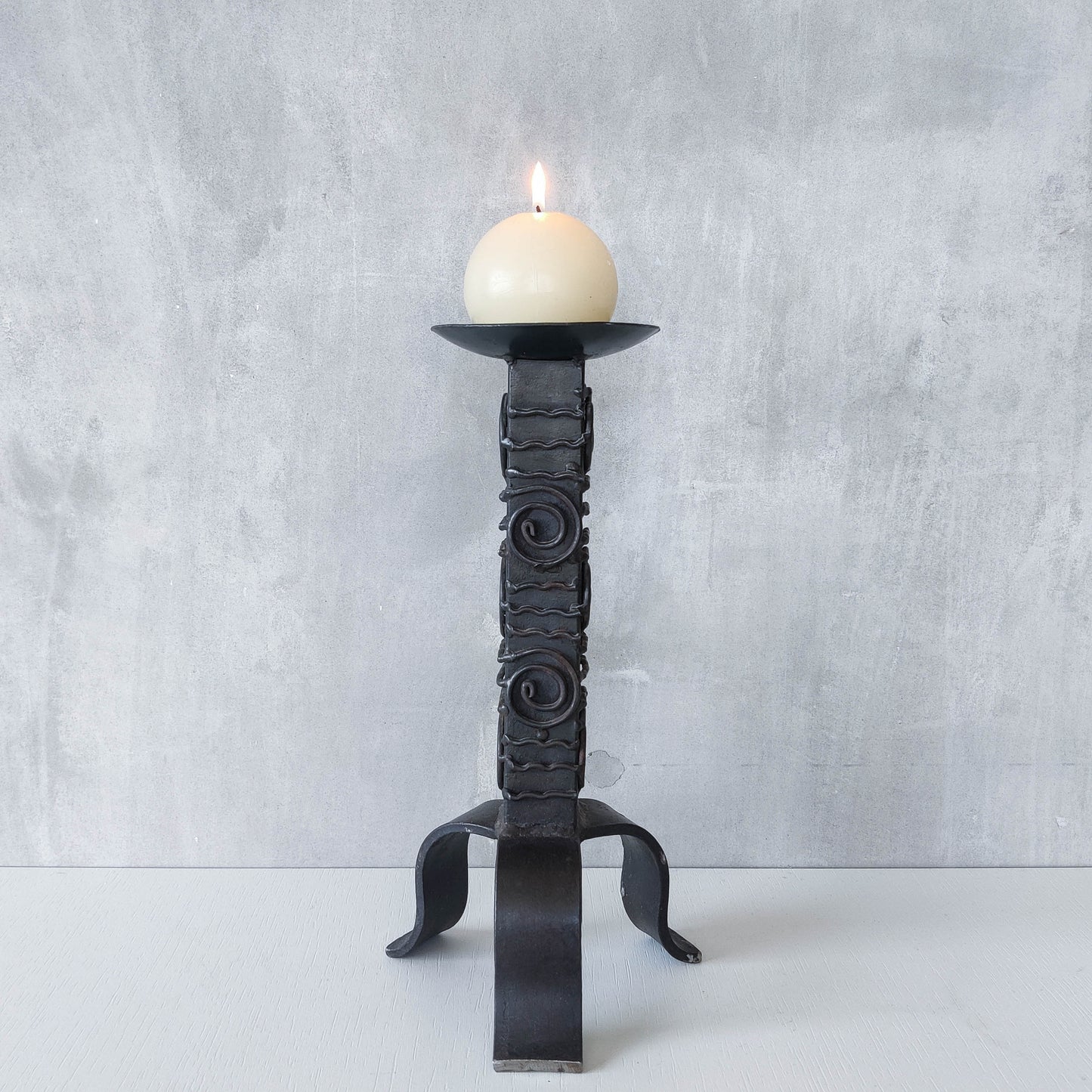 Vintage brutalist welded steel sculptural totem pricket candle holder with spiral motifs
