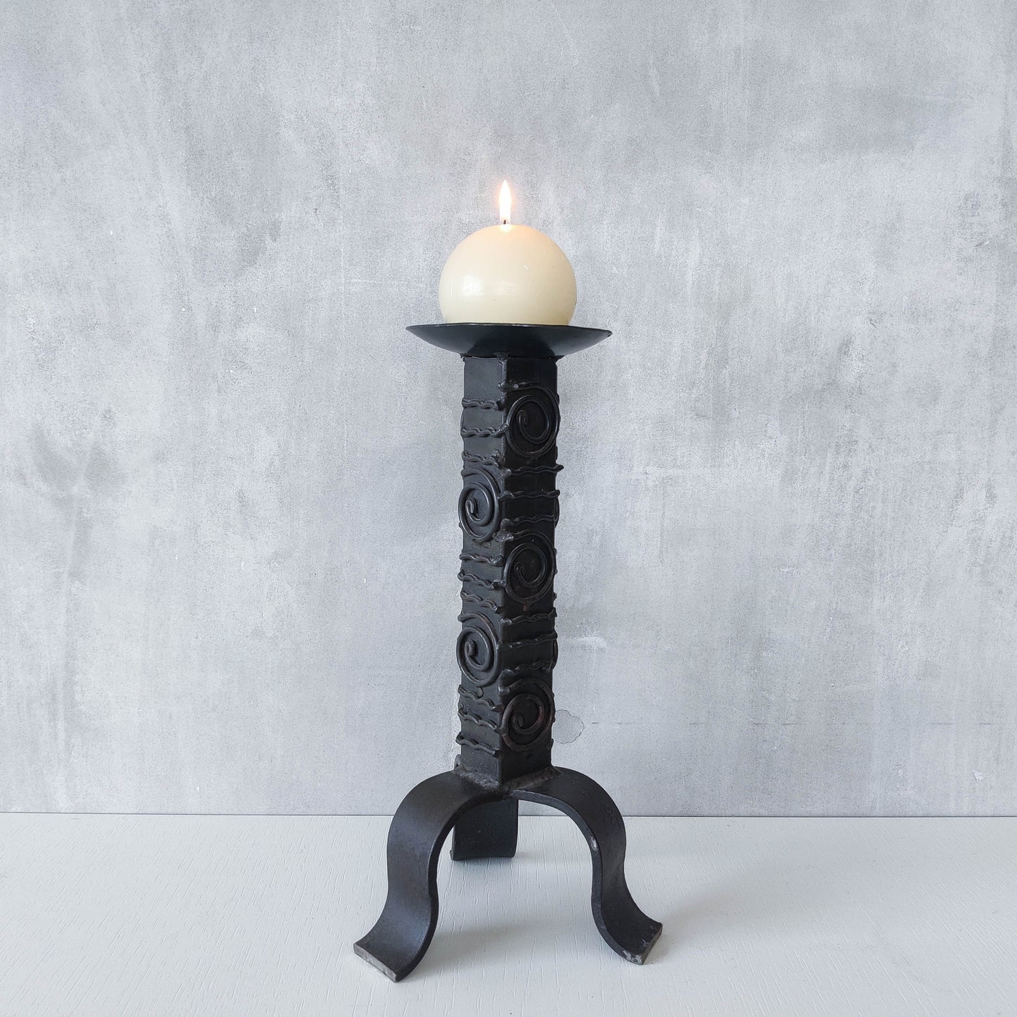 Vintage brutalist welded steel sculptural totem pricket candle holder with spiral motifs