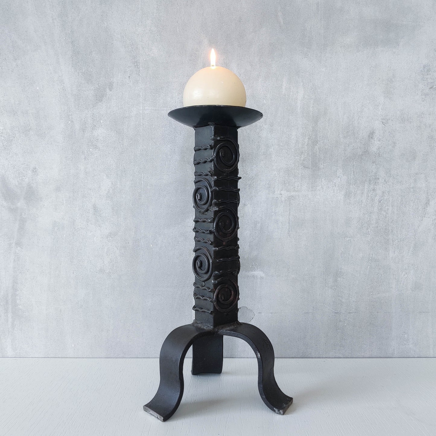 Vintage brutalist welded steel sculptural totem pricket candle holder with spiral motifs