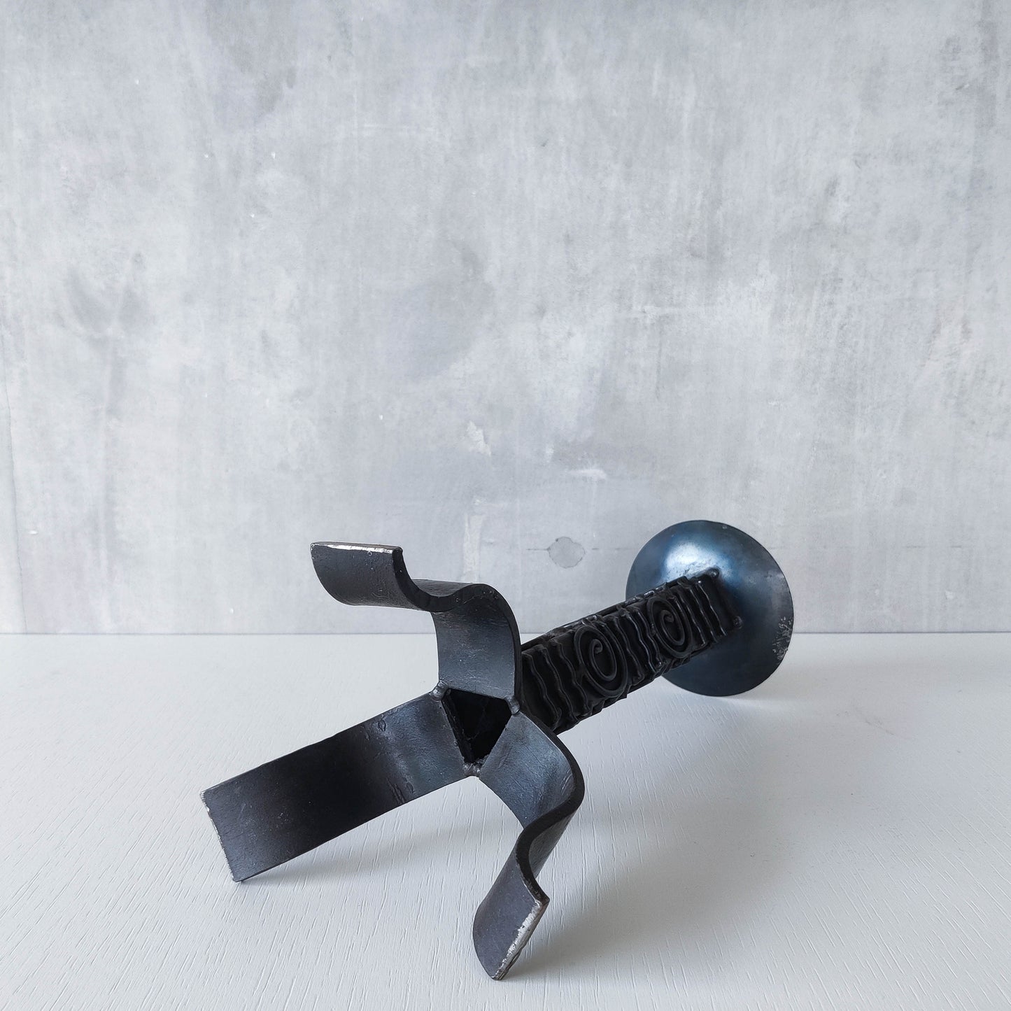 Vintage brutalist welded steel sculptural totem pricket candle holder with spiral motifs