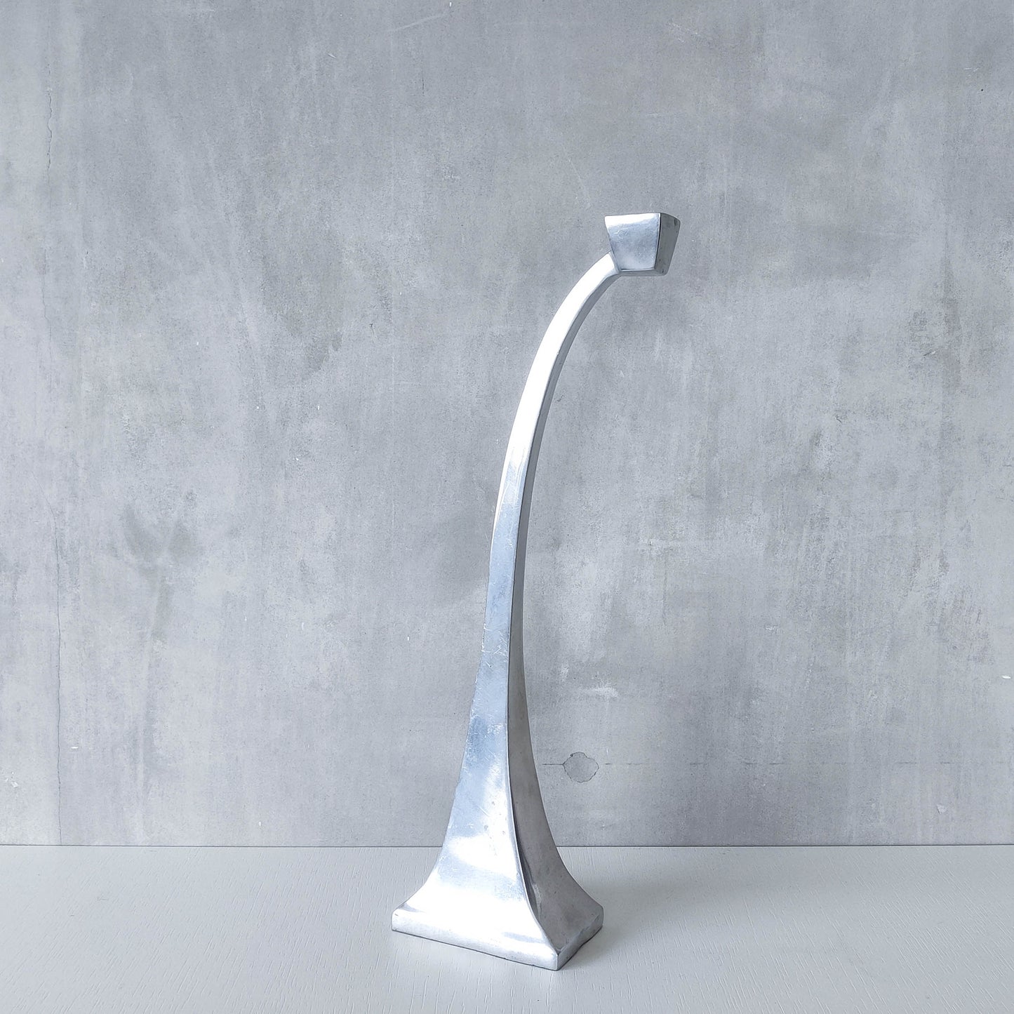 Single tall vintage 90s modernist style cast aluminium sculptural candle holder