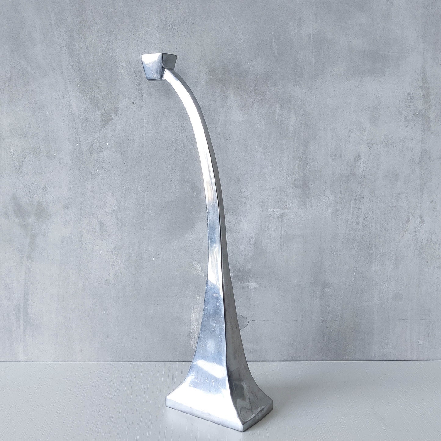 Single tall vintage 90s modernist style cast aluminium sculptural candle holder
