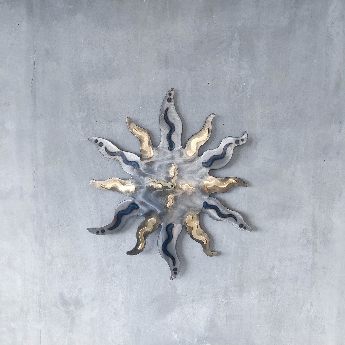 Artisan metalwork metal torched sun sunburst wall clock steel Richard Pell large