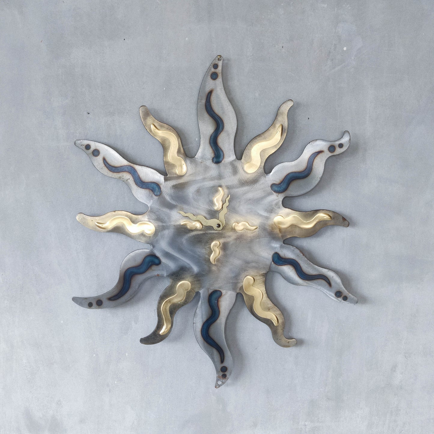 Artisan metalwork metal torched sun sunburst wall clock steel Richard Pell large