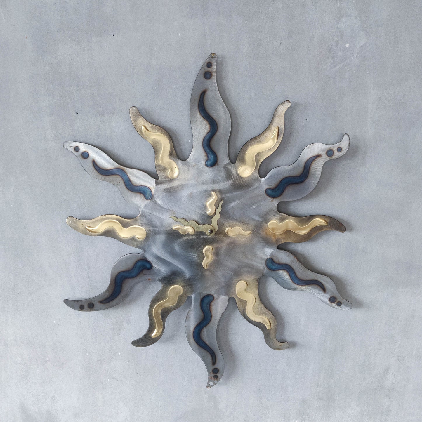 Artisan metalwork metal torched sun sunburst wall clock steel Richard Pell large