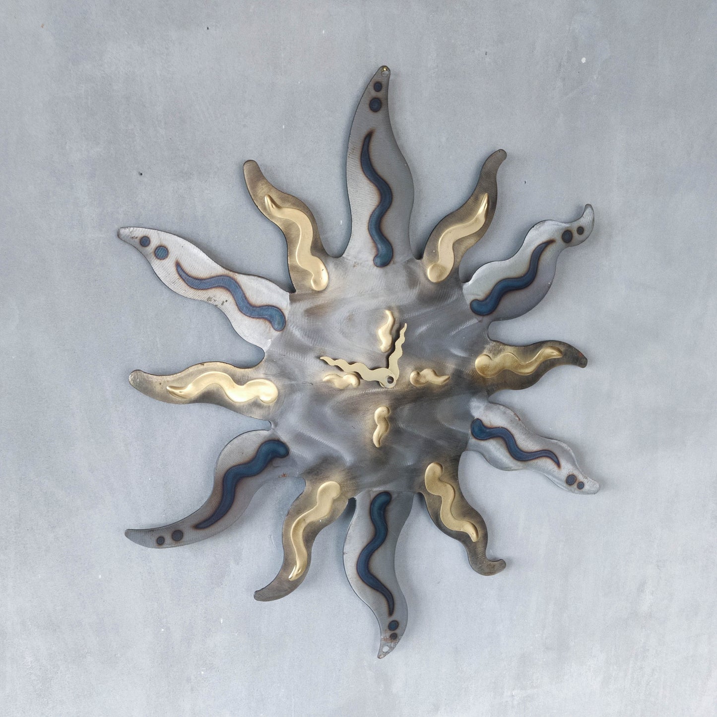 Artisan metalwork metal torched sun sunburst wall clock steel Richard Pell large