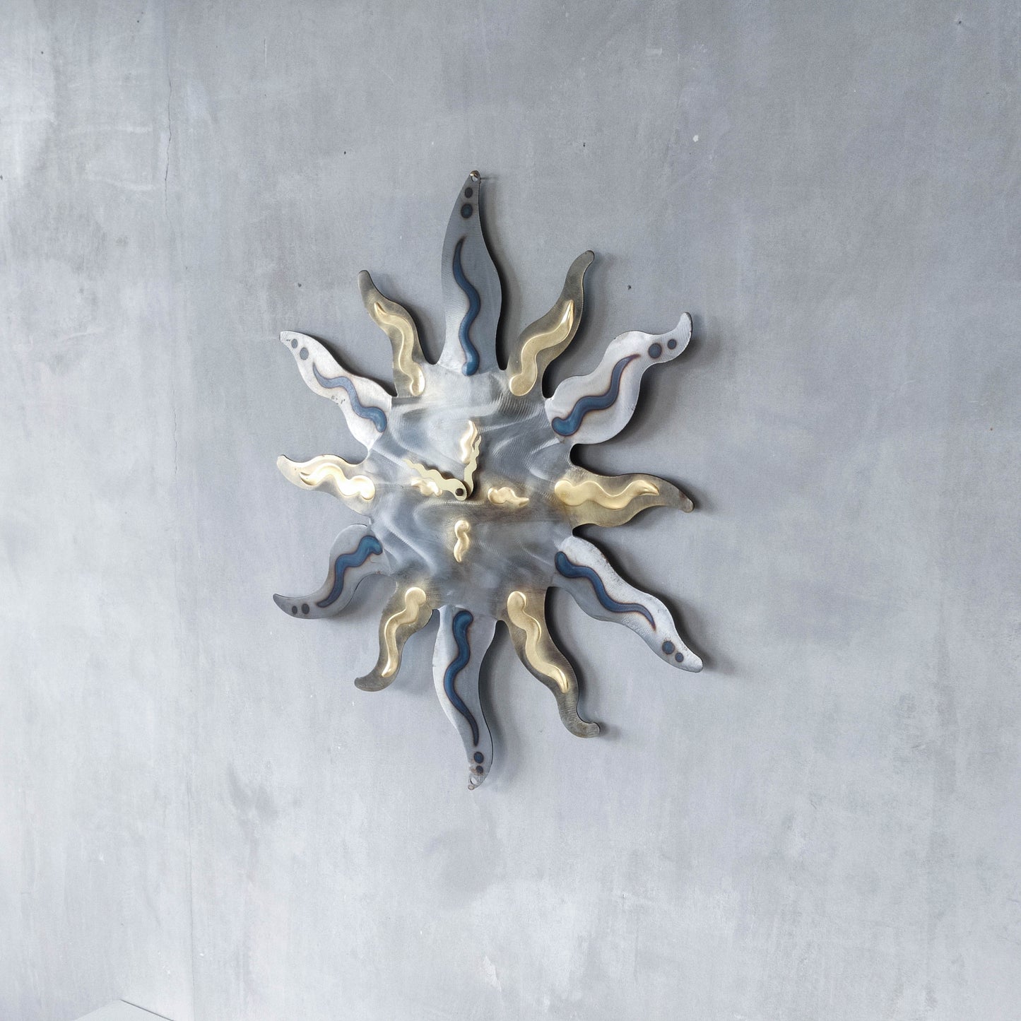 Artisan metalwork metal torched sun sunburst wall clock steel Richard Pell large