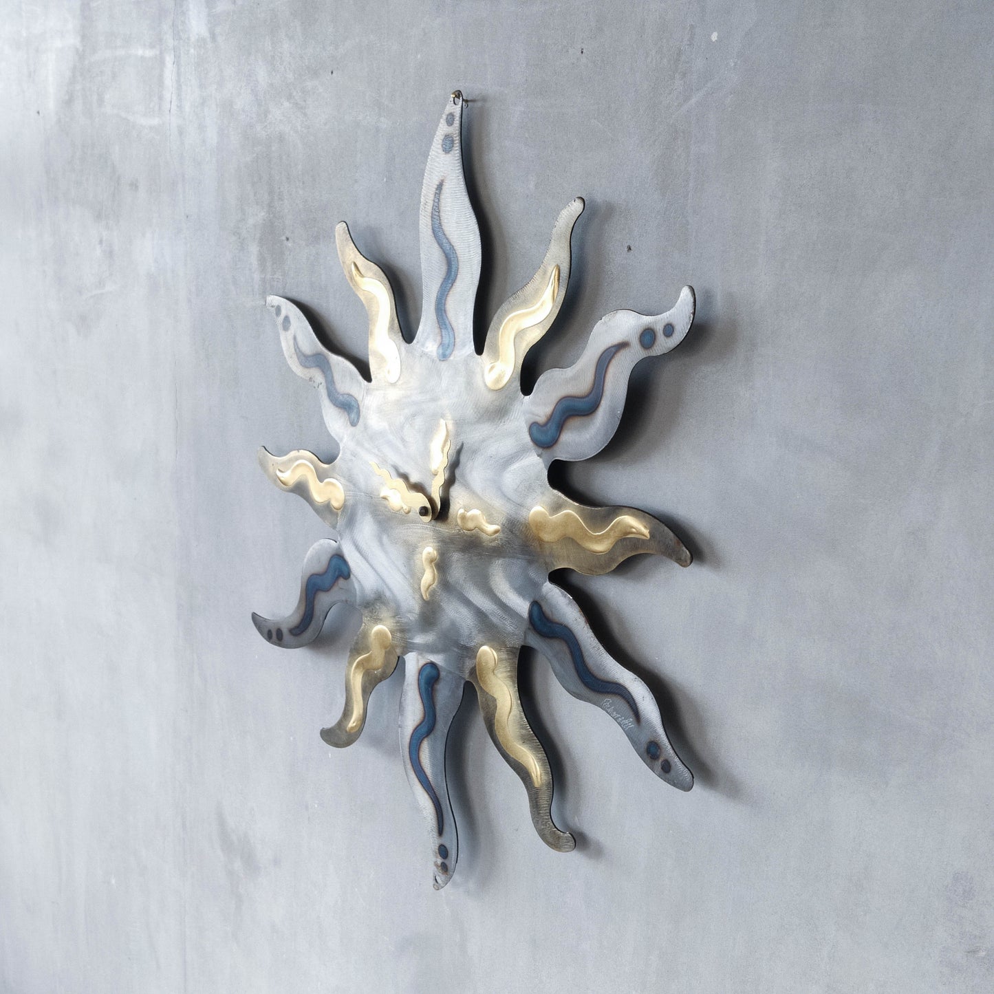 Artisan metalwork metal torched sun sunburst wall clock steel Richard Pell large
