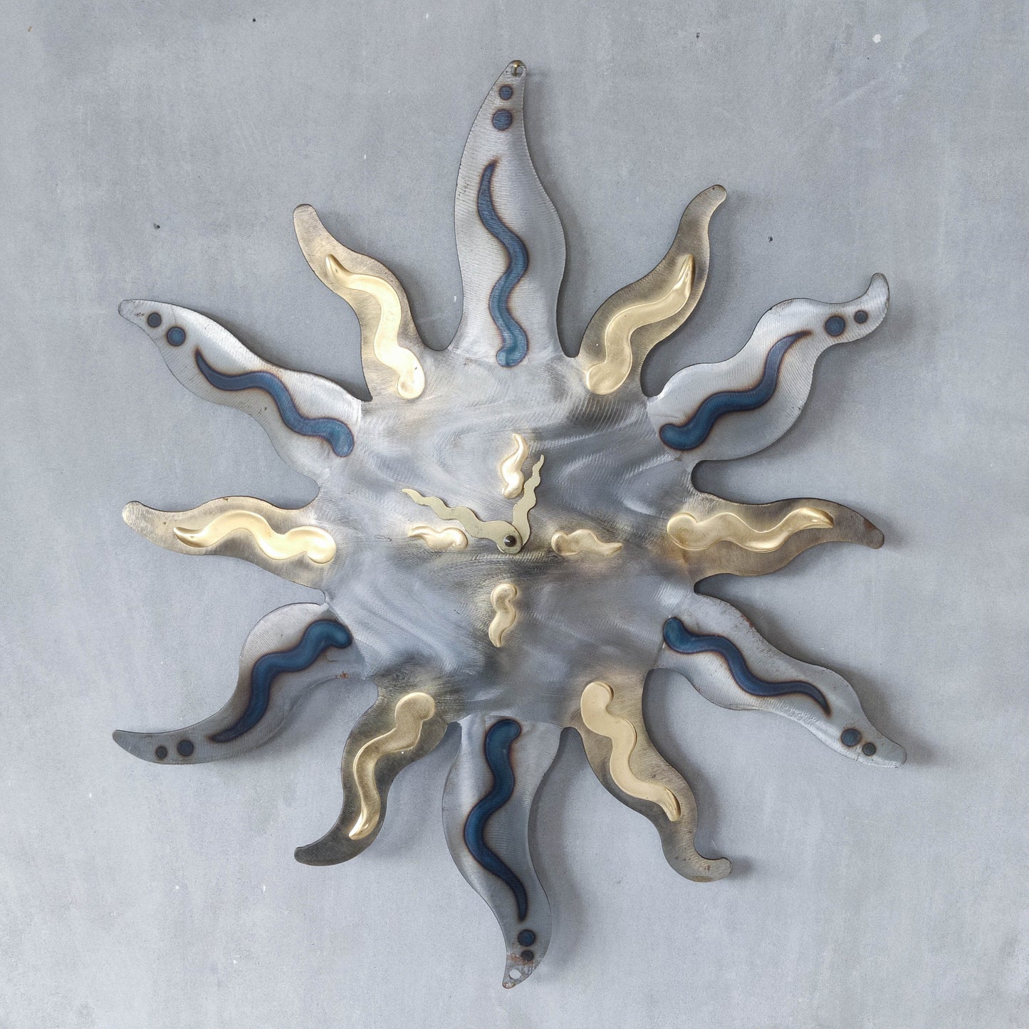 Artisan metalwork metal torched sun sunburst wall clock steel Richard Pell large