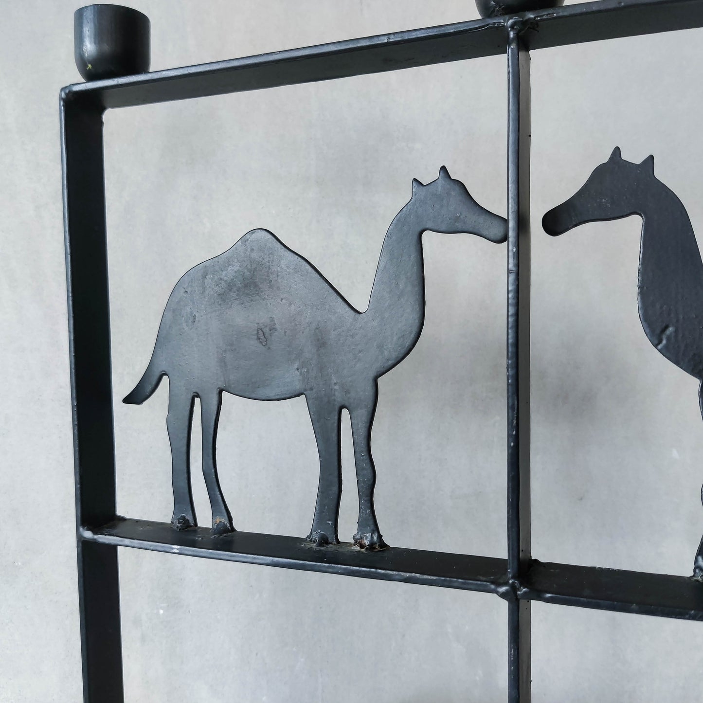 Vintage wrought iron and steel fire screen candle holder Atelier Marolles style