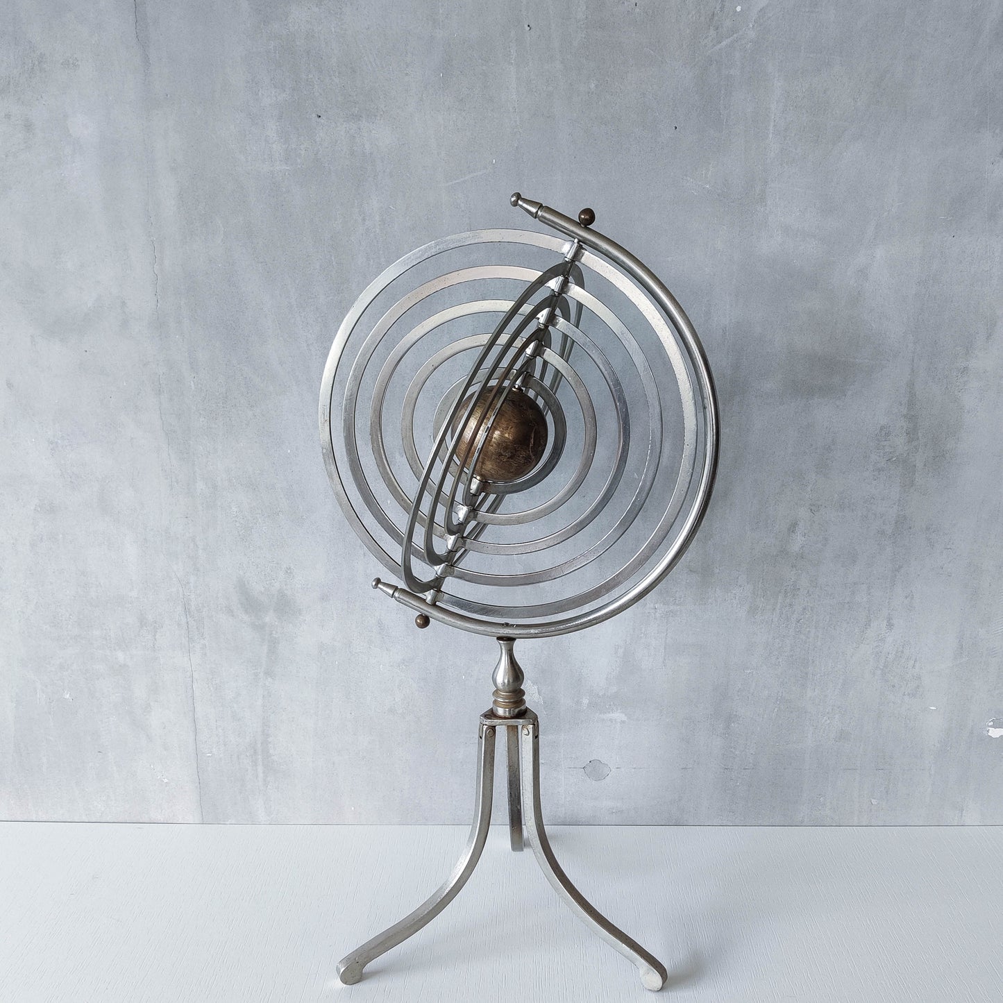20th century Copernican armillary sphere orrery globe steel and brass sculpture