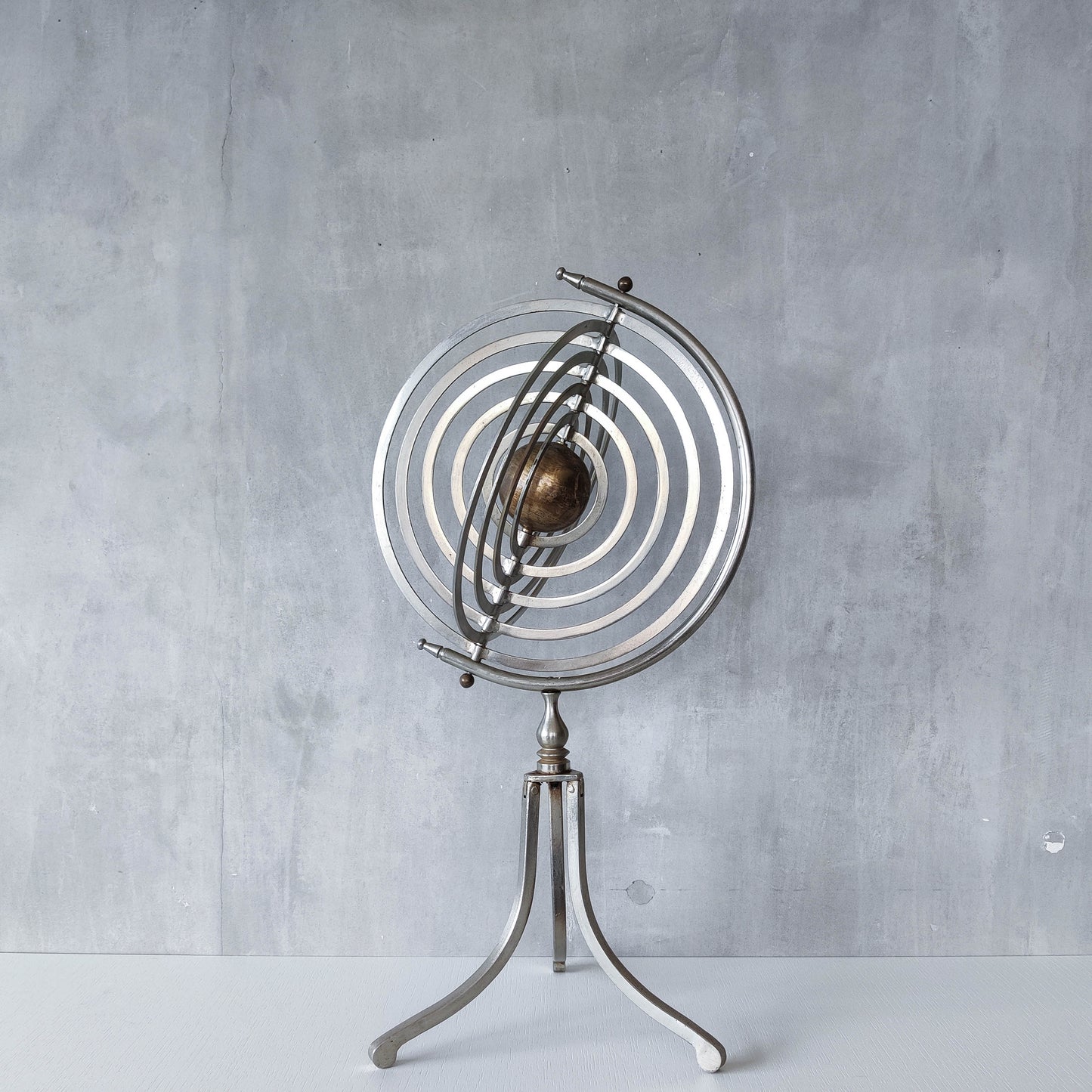20th century Copernican armillary sphere orrery globe steel and brass sculpture