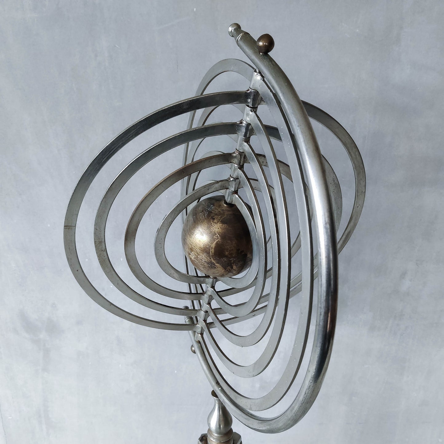 20th century Copernican armillary sphere orrery globe steel and brass sculpture