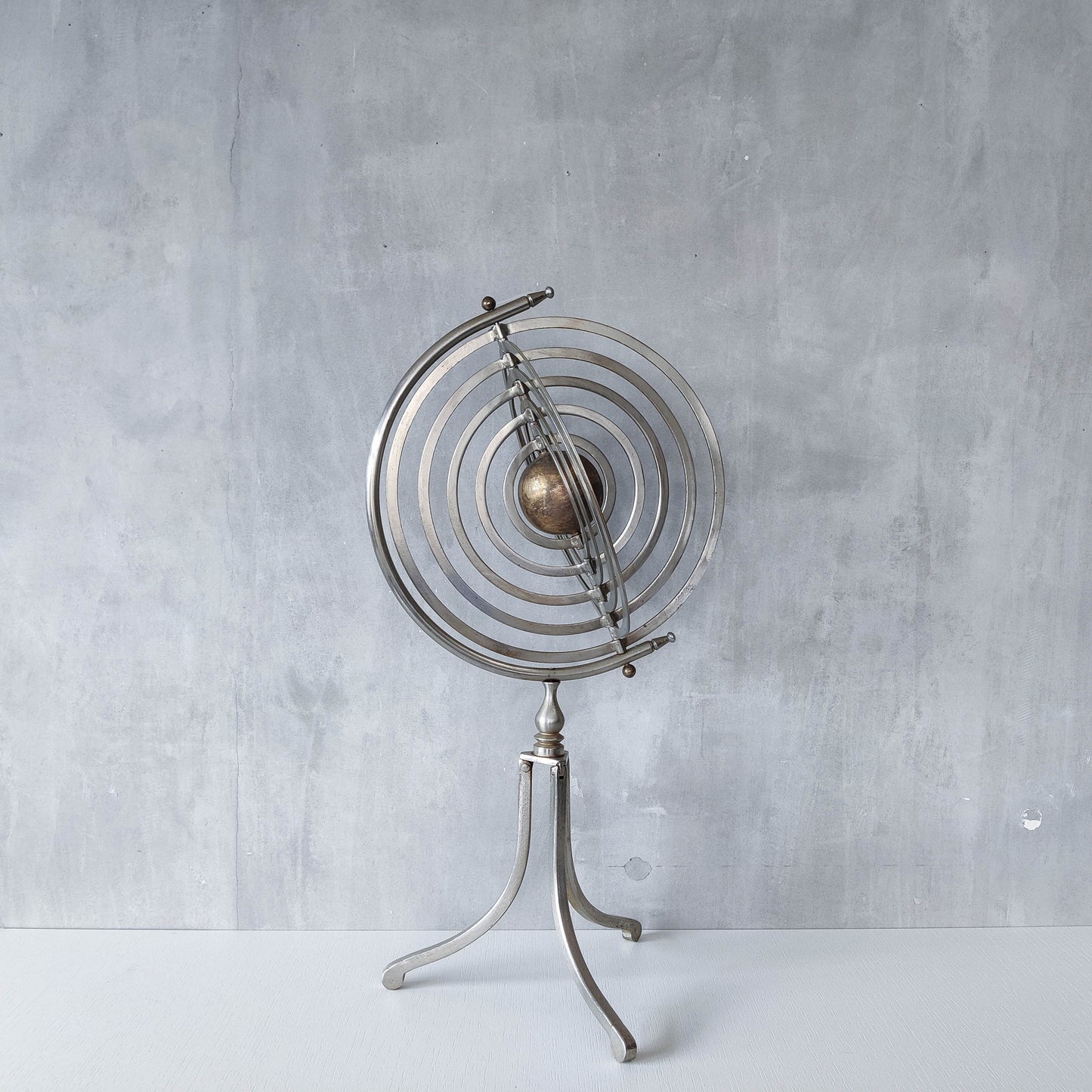 20th century Copernican armillary sphere orrery globe steel and brass sculpture