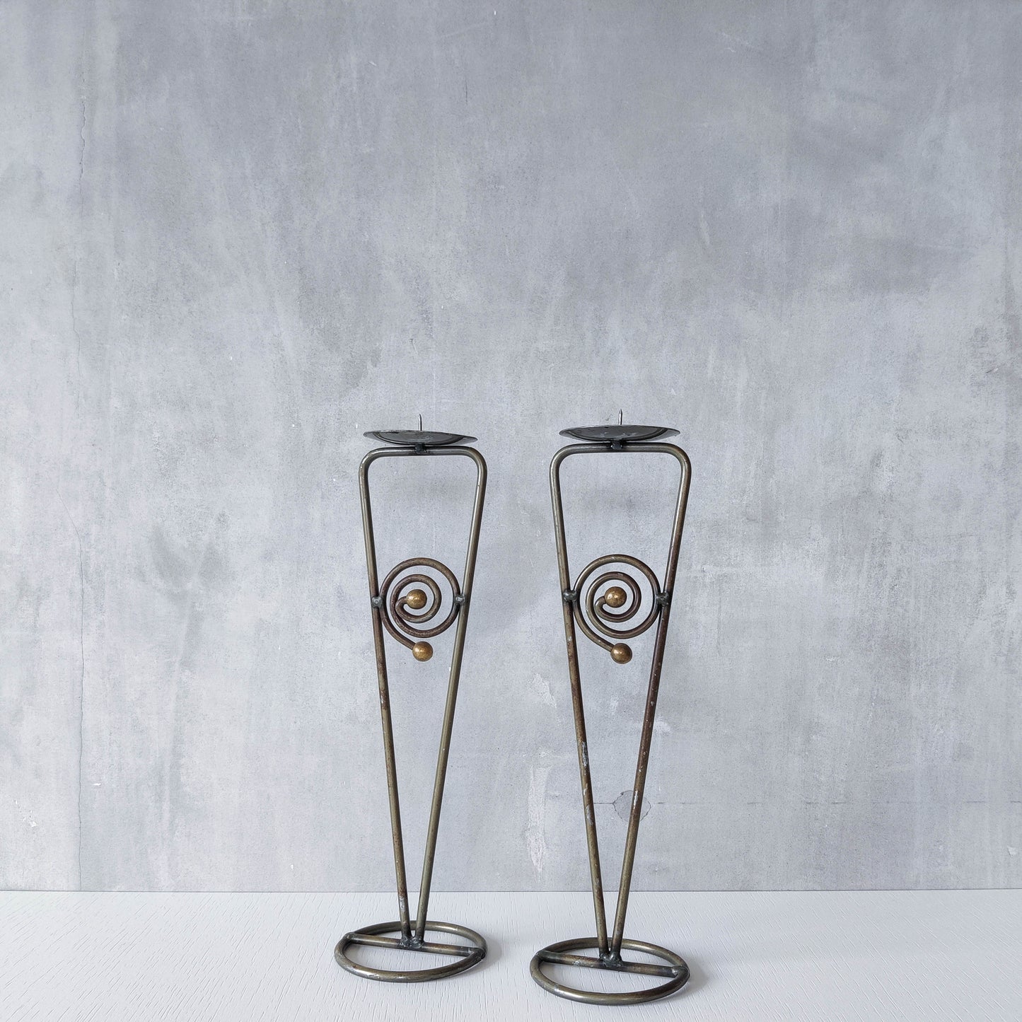Pair of vintage 1990s pricket top spiral steel metalwork candle holders
