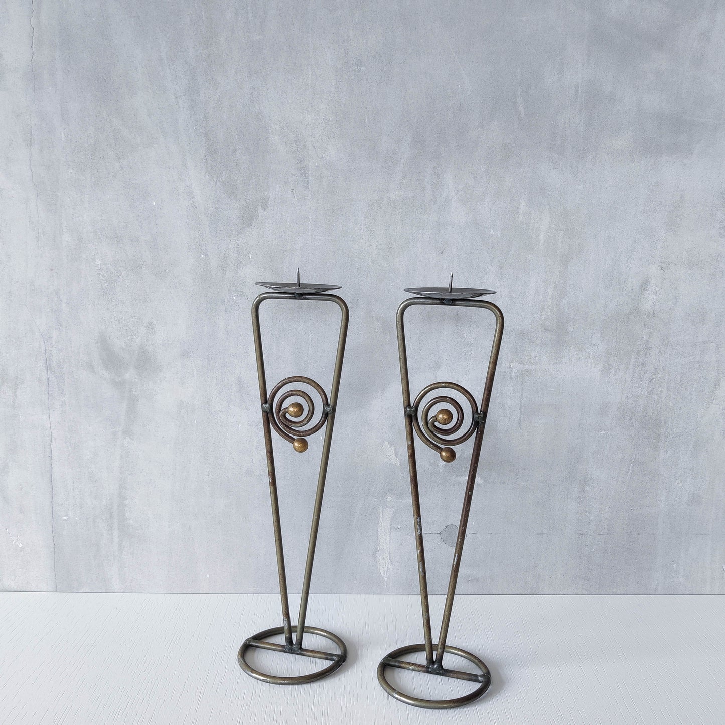 Pair of vintage 1990s pricket top spiral steel metalwork candle holders