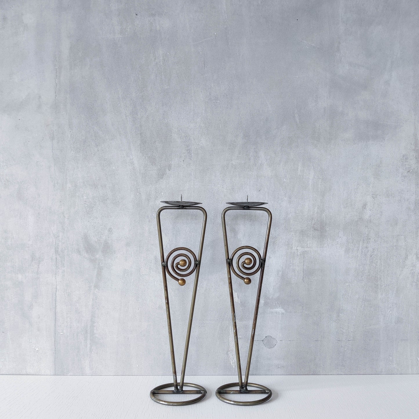 Pair of vintage 1990s pricket top spiral steel metalwork candle holders