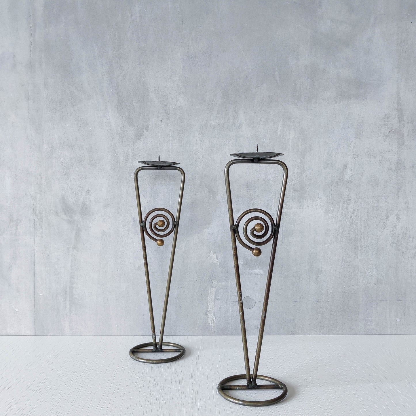 Pair of vintage 1990s pricket top spiral steel metalwork candle holders
