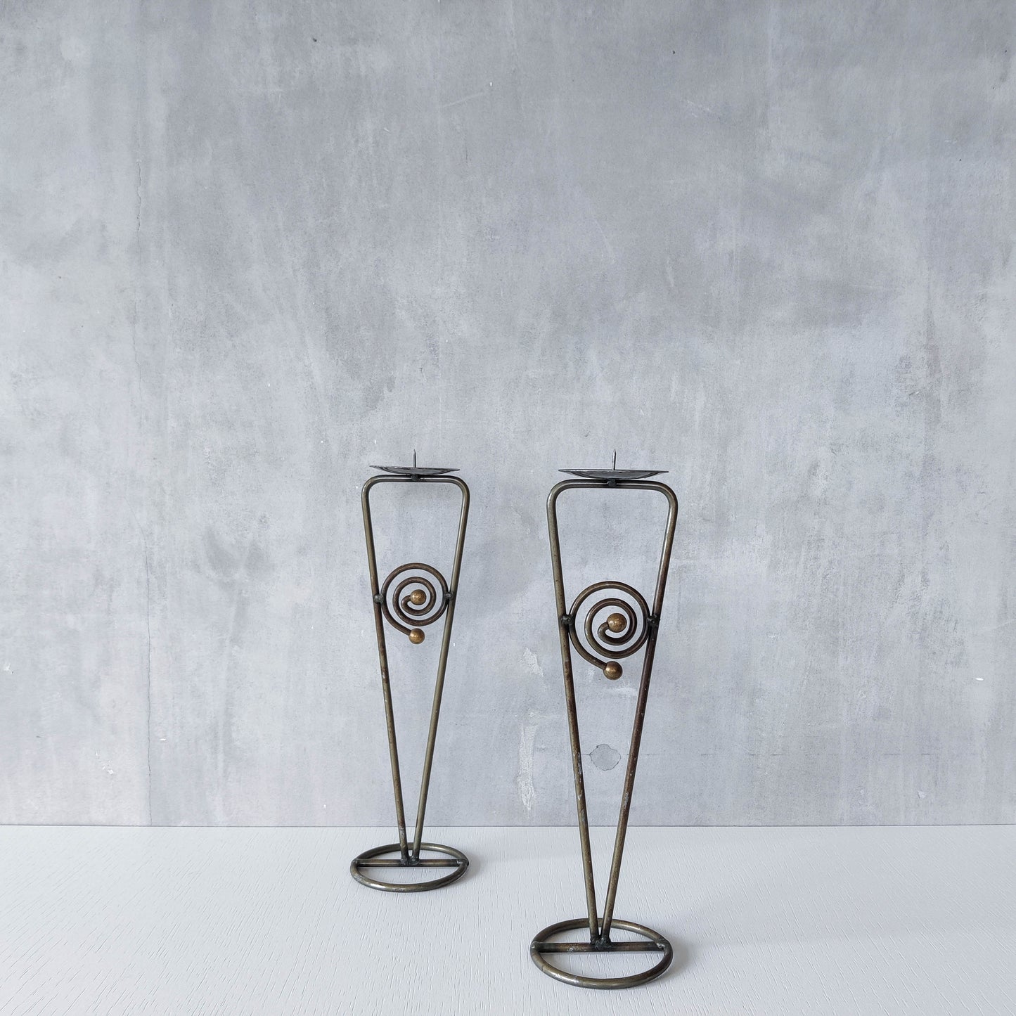 Pair of vintage 1990s pricket top spiral steel metalwork candle holders