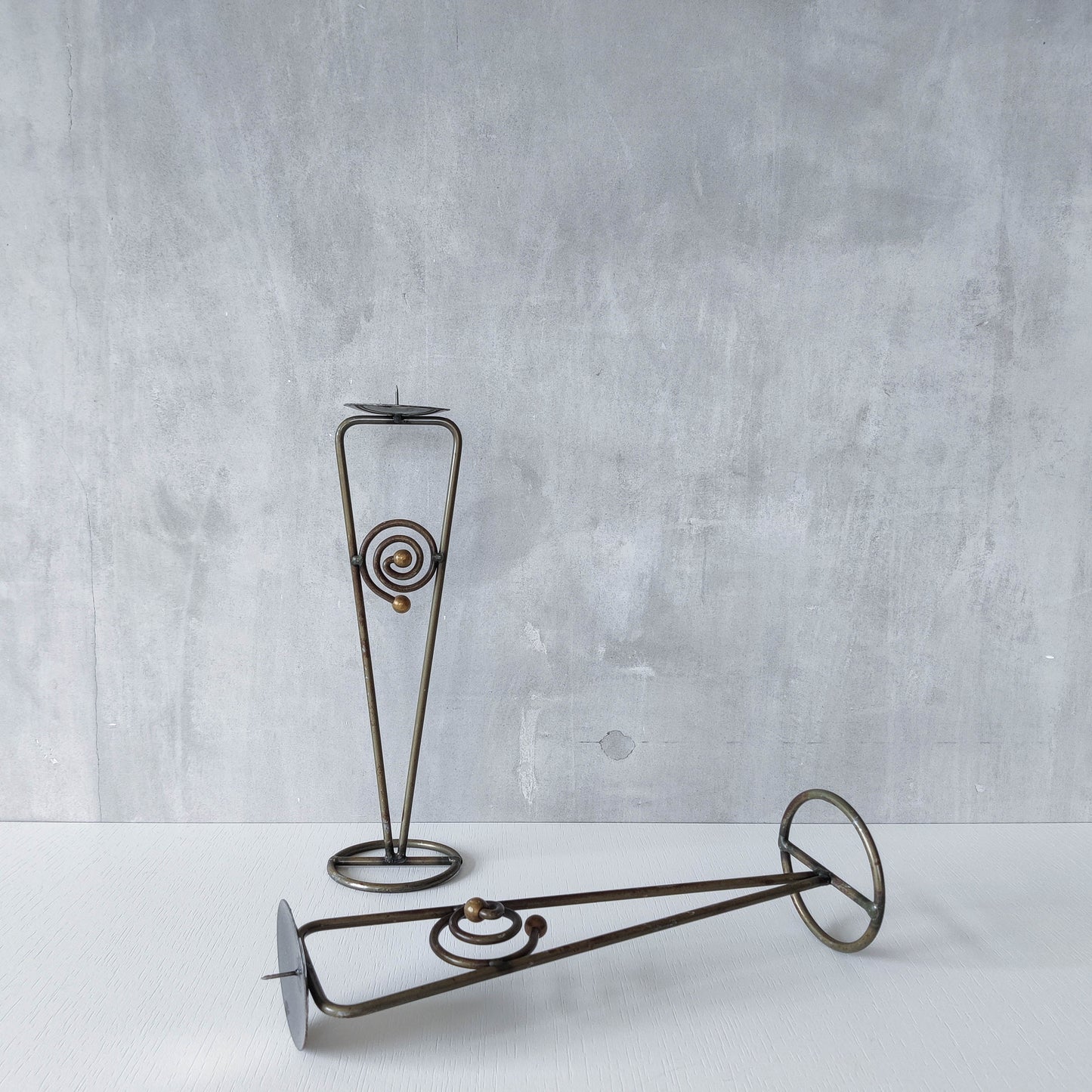Pair of vintage 1990s pricket top spiral steel metalwork candle holders