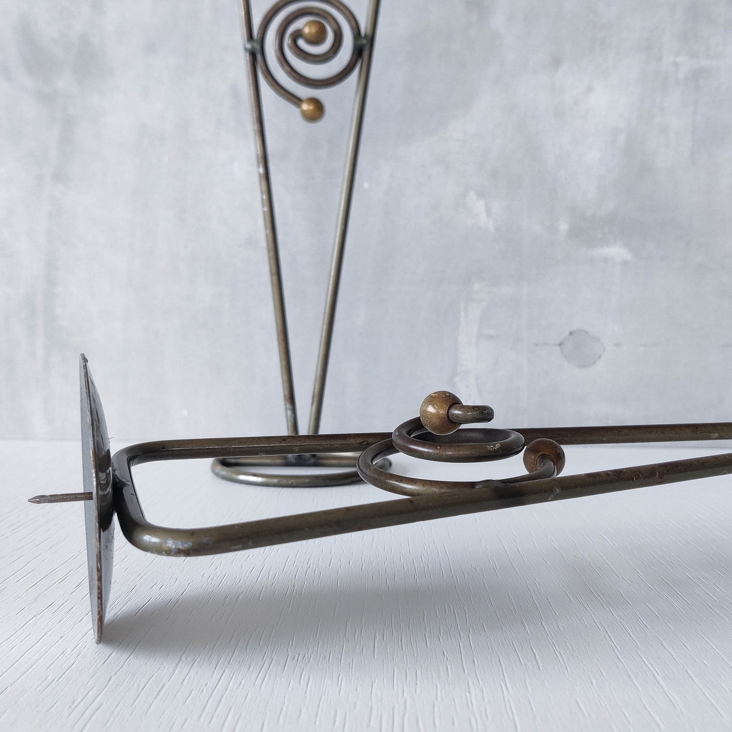 Pair of vintage 1990s pricket top spiral steel metalwork candle holders
