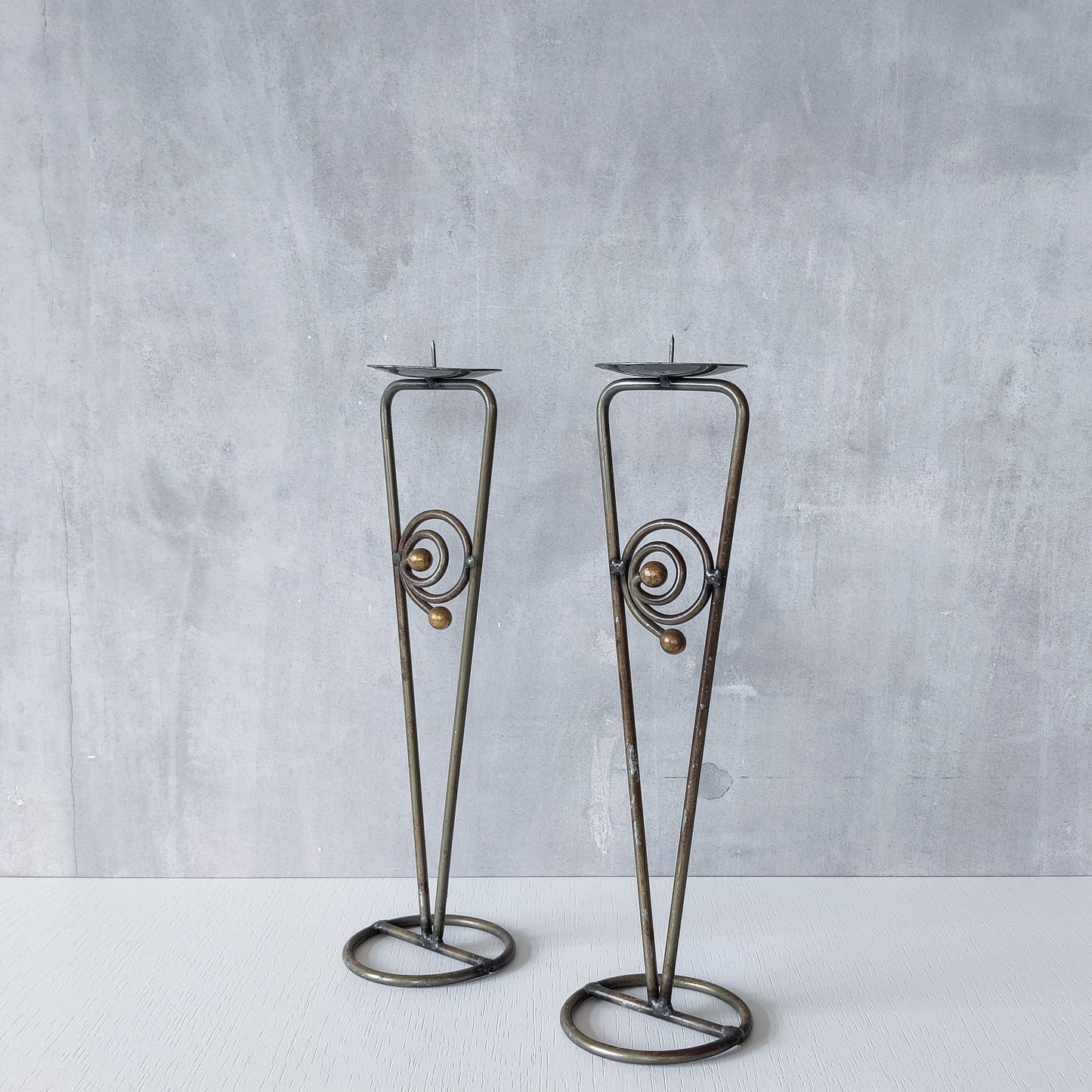 Pair of vintage 1990s pricket top spiral steel metalwork candle holders