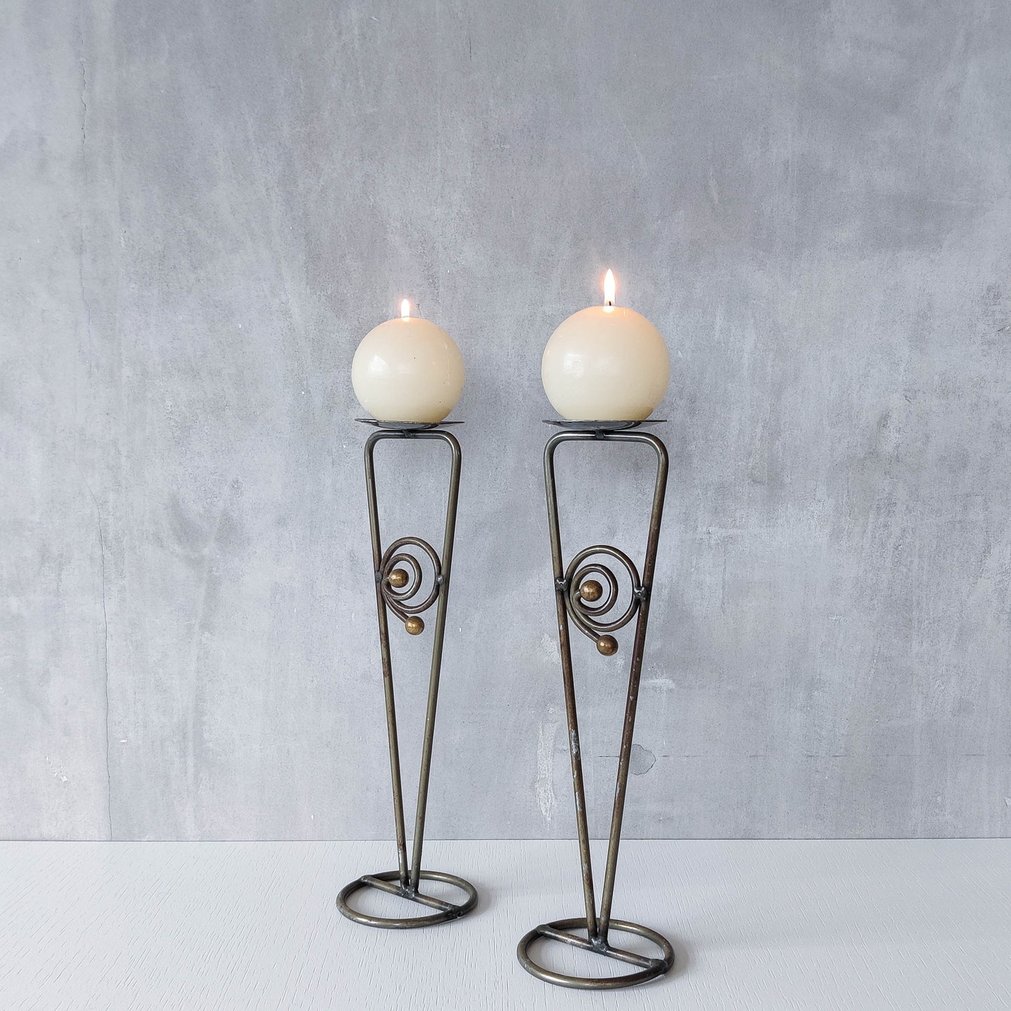 Pair of vintage 1990s pricket top spiral steel metalwork candle holders