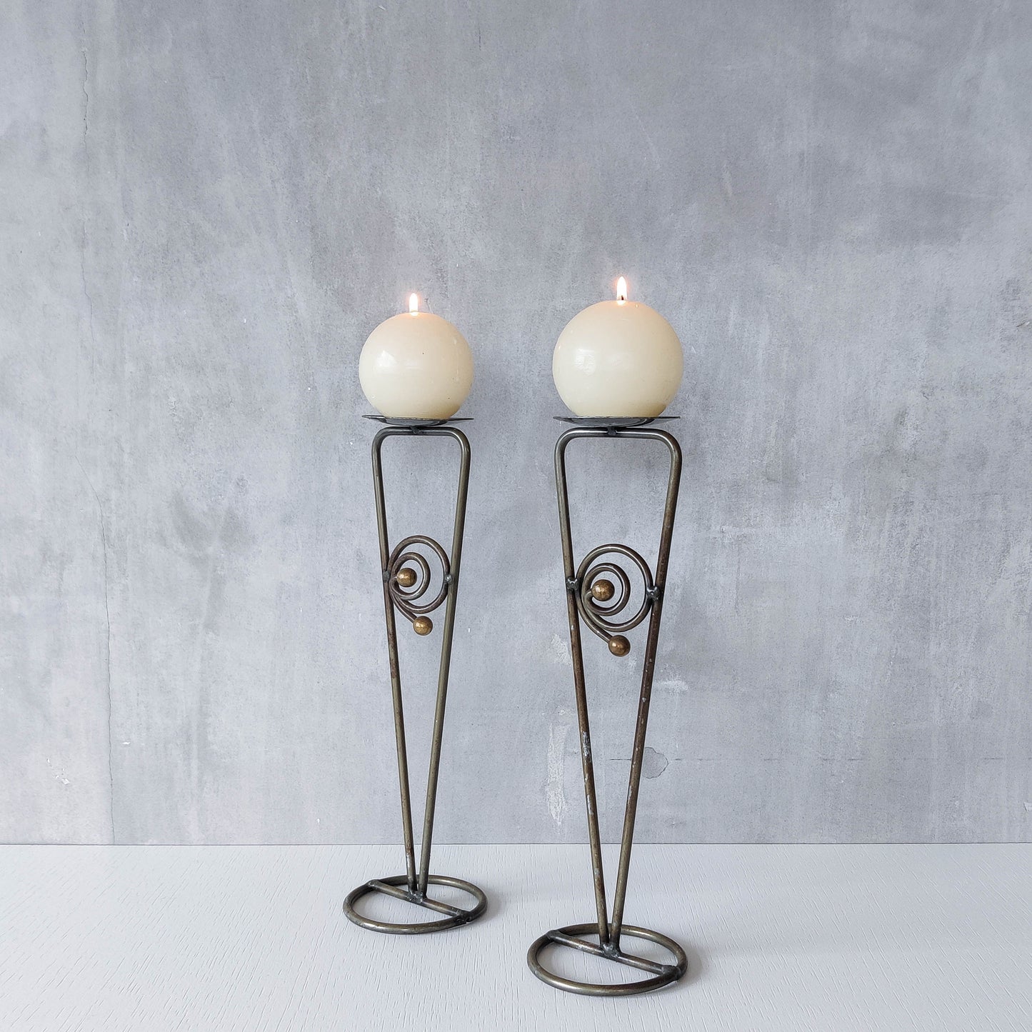 Pair of vintage 1990s pricket top spiral steel metalwork candle holders