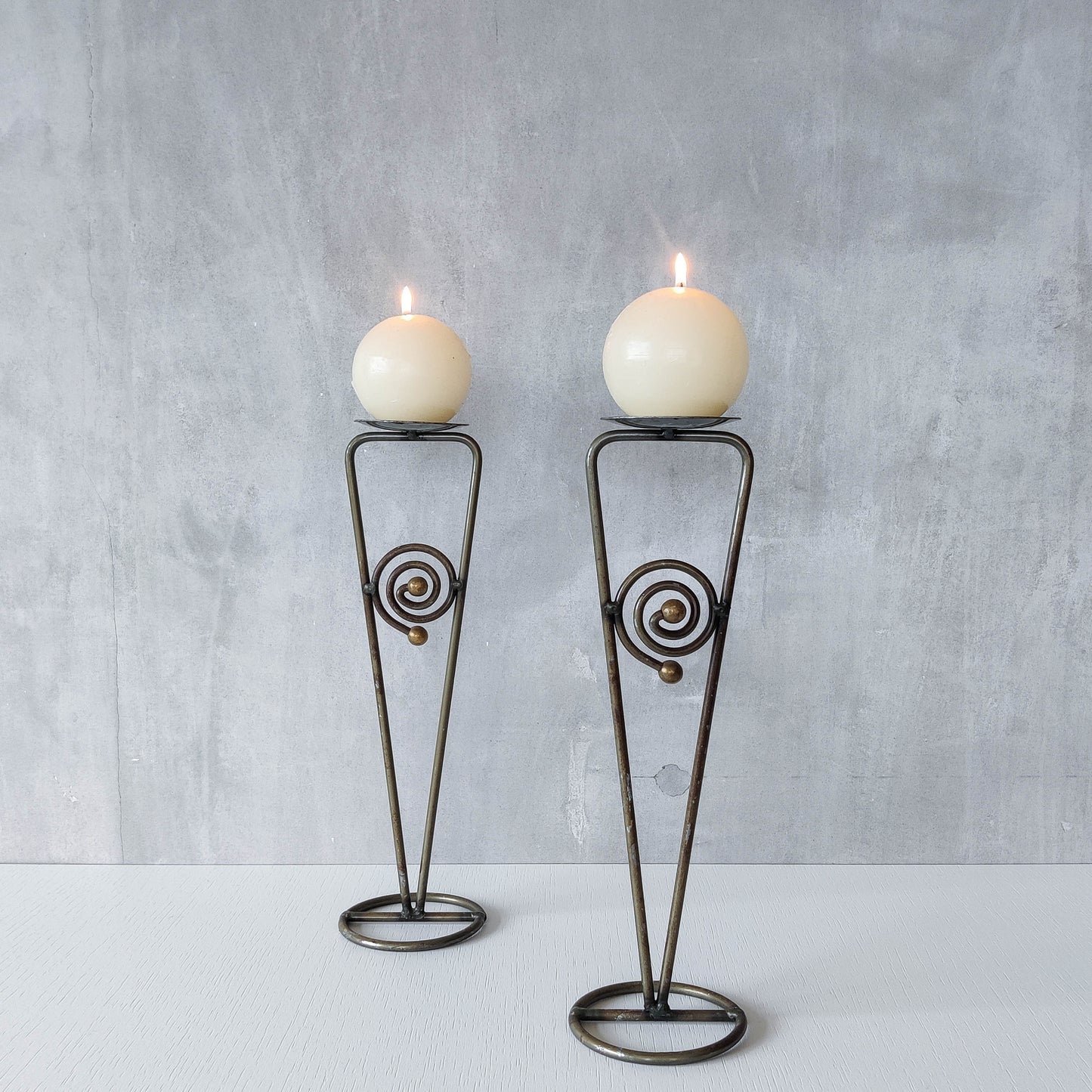 Pair of vintage 1990s pricket top spiral steel metalwork candle holders