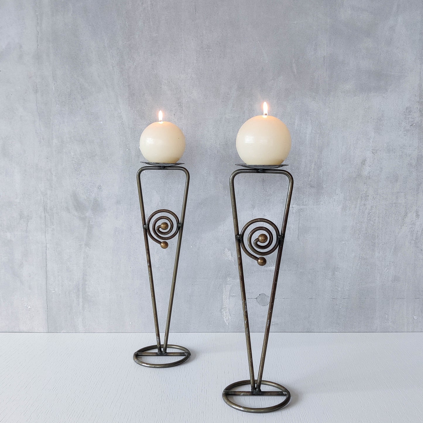 Pair of vintage 1990s pricket top spiral steel metalwork candle holders